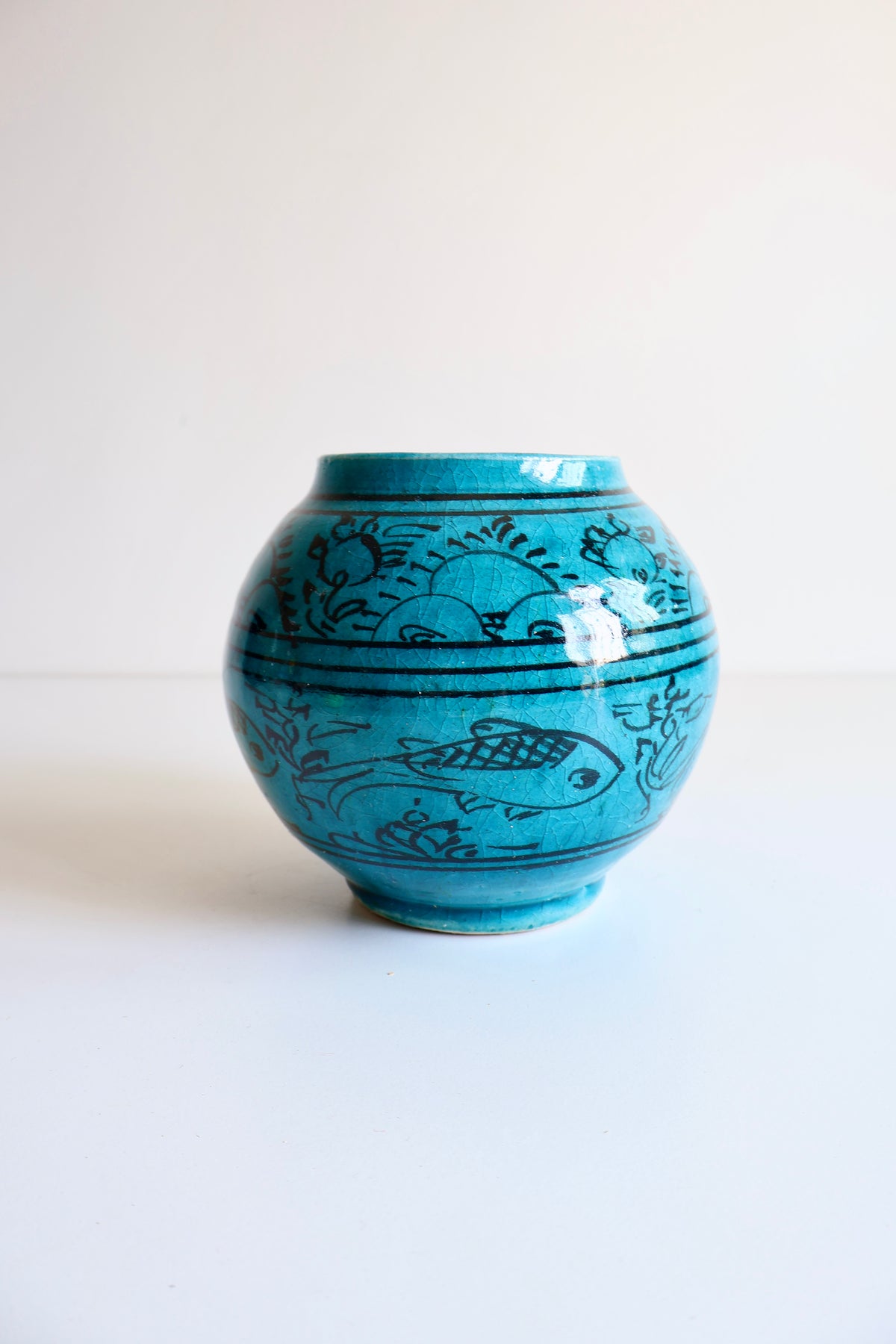 Vintage Persian Turquoise-Glazed Pottery Vase with Fish Motifs
