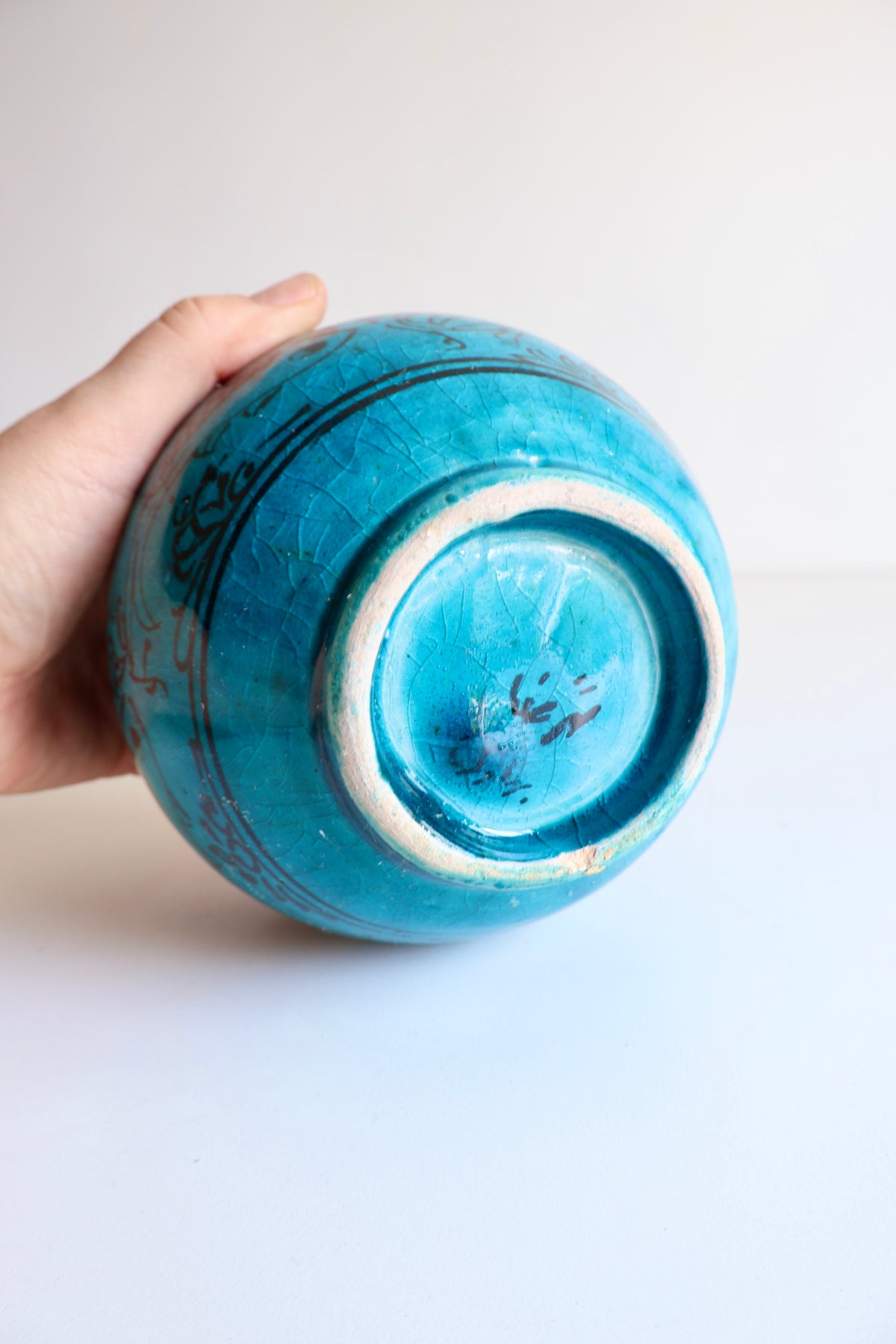 Vintage Persian Turquoise-Glazed Pottery Vase with Fish Motifs