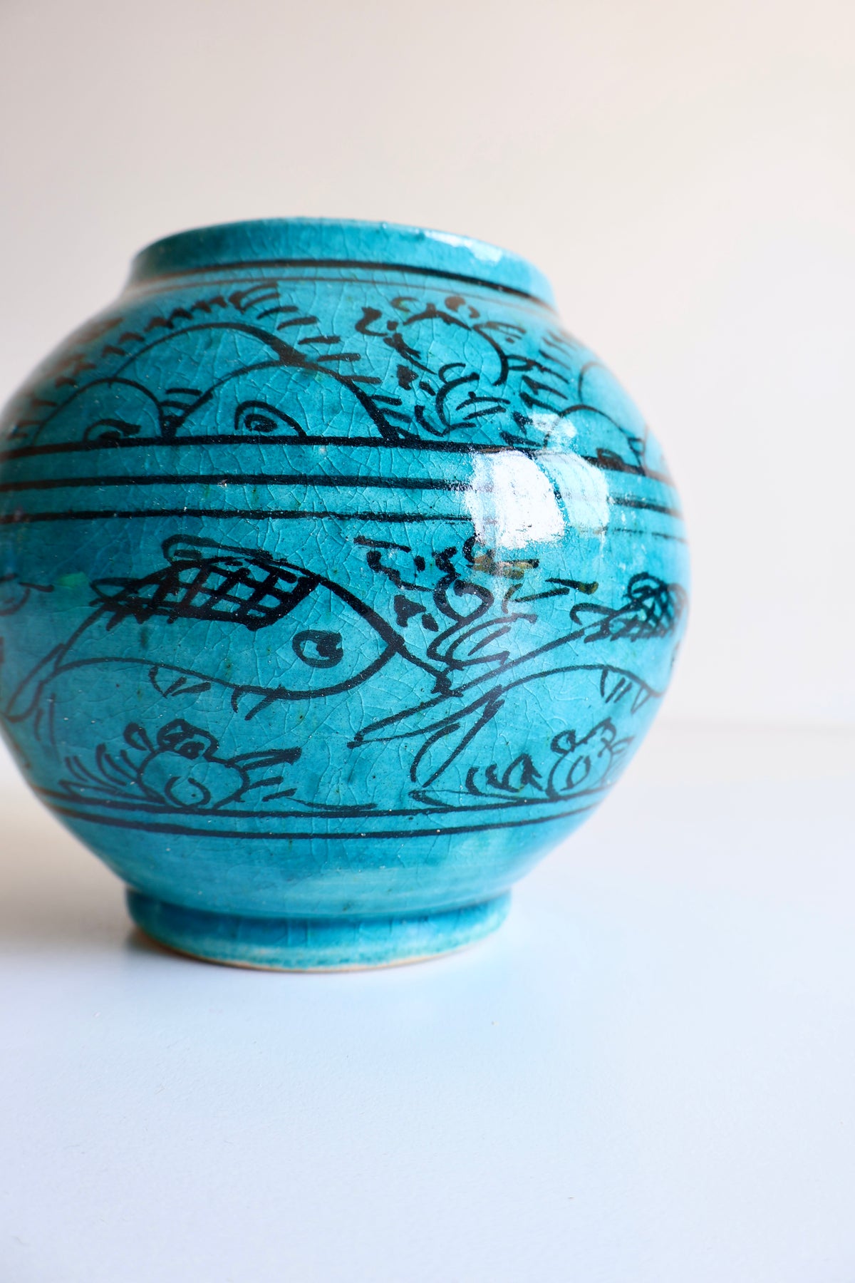 Vintage Persian Turquoise-Glazed Pottery Vase with Fish Motifs