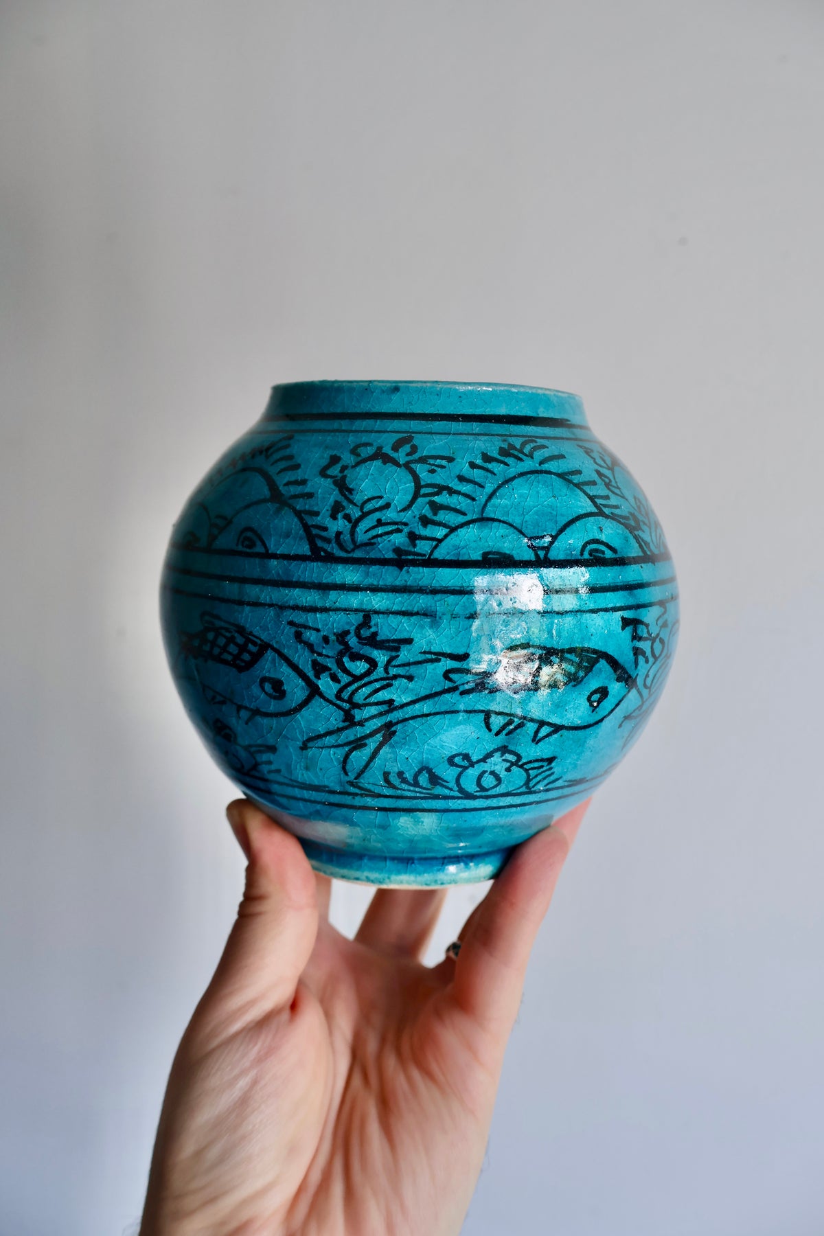 Vintage Persian Turquoise-Glazed Pottery Vase with Fish Motifs