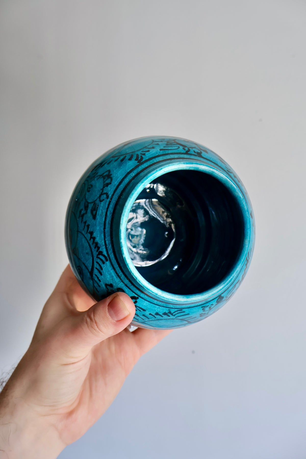 Vintage Persian Turquoise-Glazed Pottery Vase with Fish Motifs