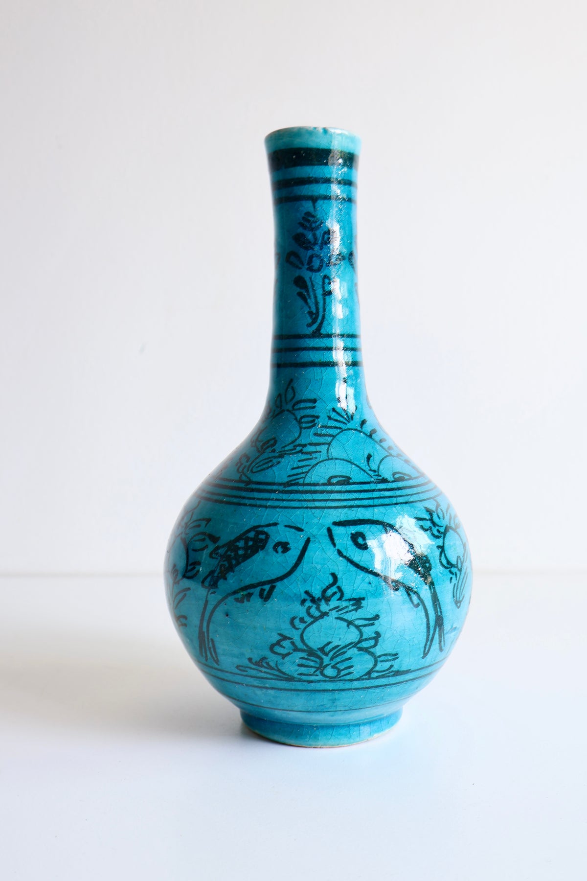 Vintage Persian Turquoise-Glazed Long-Neck Vase with Fish Motifs