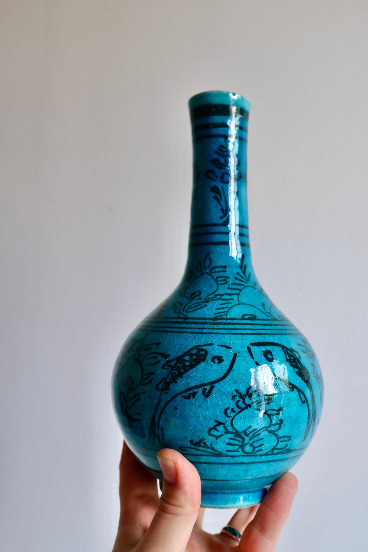 Vintage Persian Turquoise-Glazed Long-Neck Vase with Fish Motifs