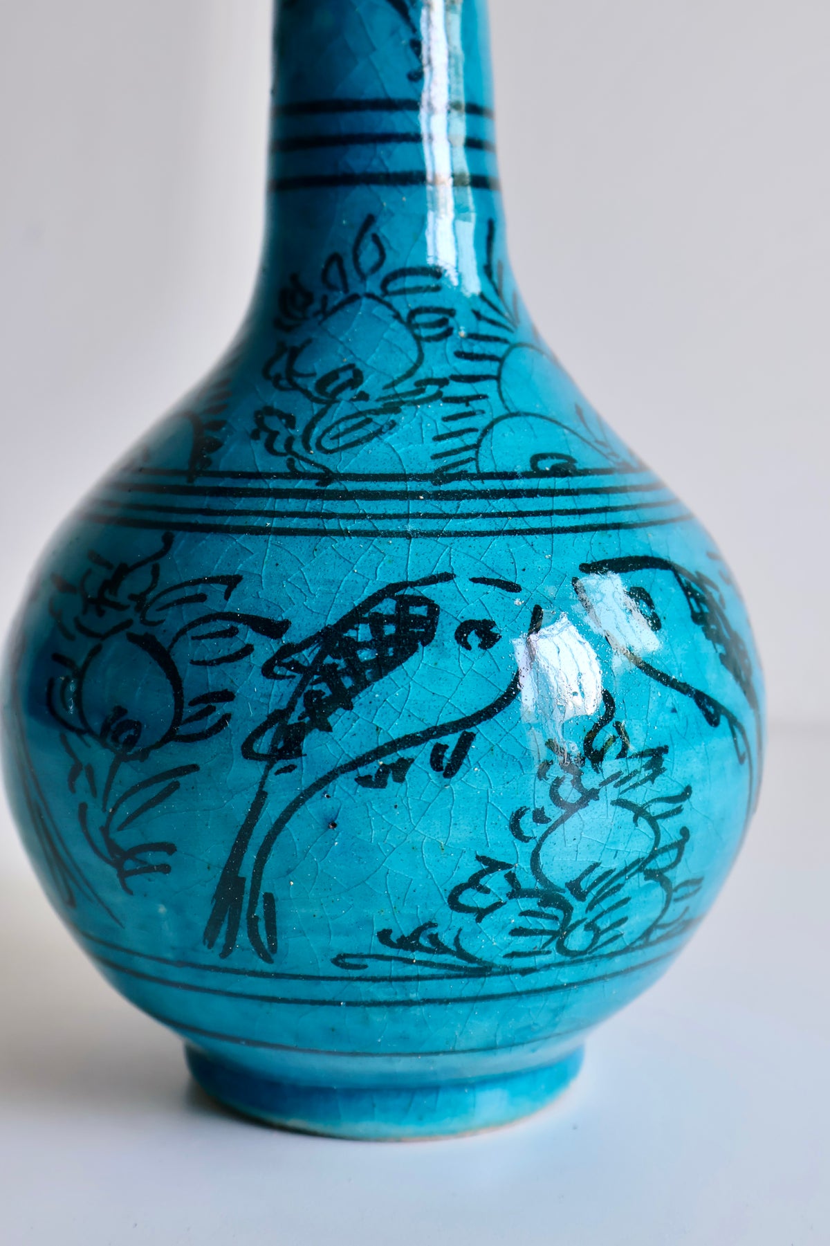 Vintage Persian Turquoise-Glazed Long-Neck Vase with Fish Motifs