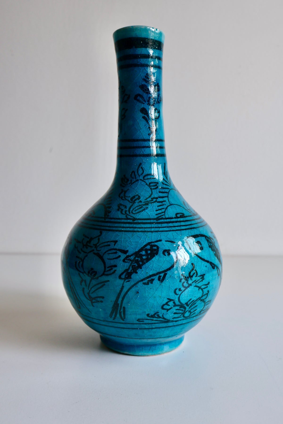 Vintage Persian Turquoise-Glazed Long-Neck Vase with Fish Motifs