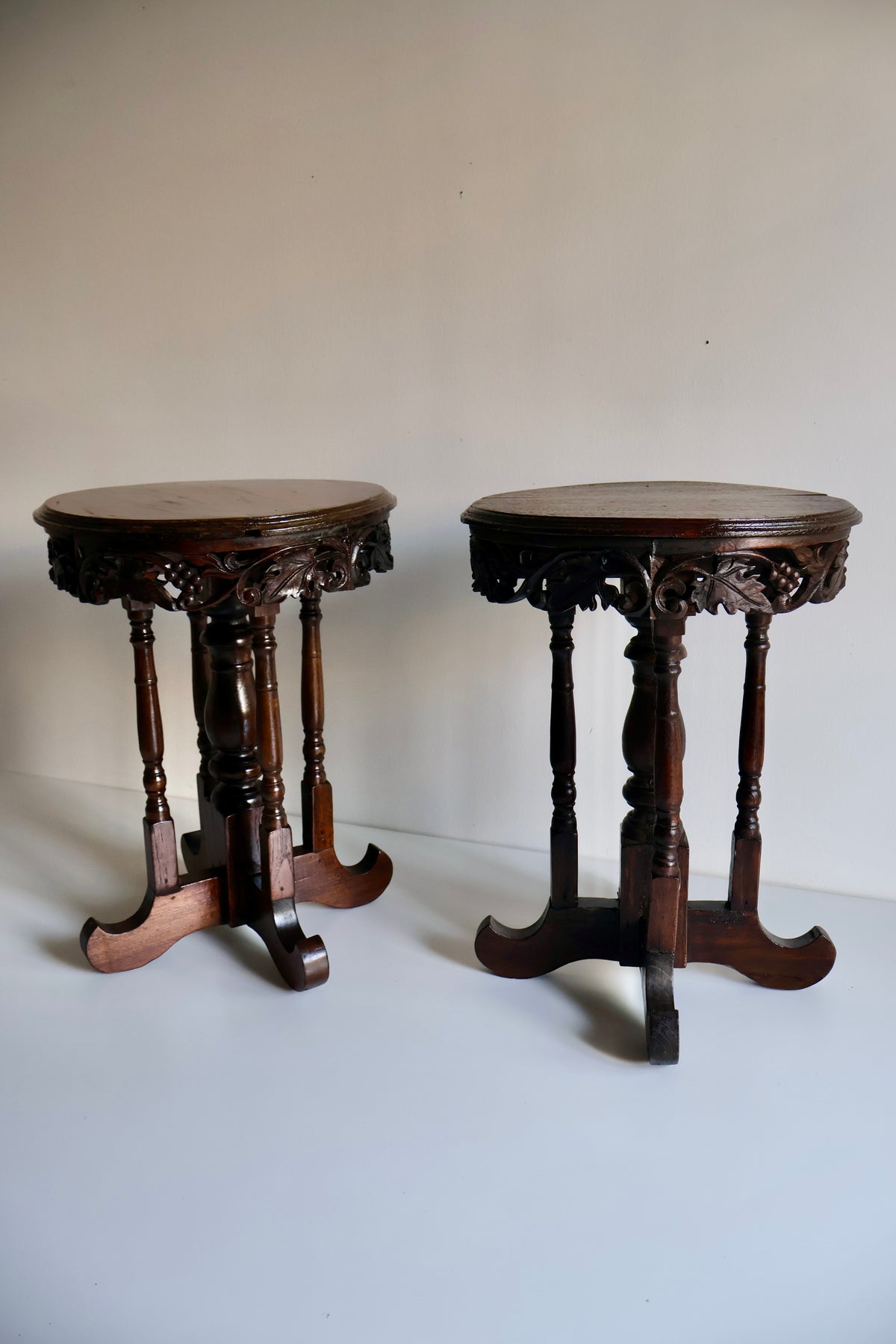 Pair of Anglo-Indian Style Carved Wooden Side Tables | Early 20th Century