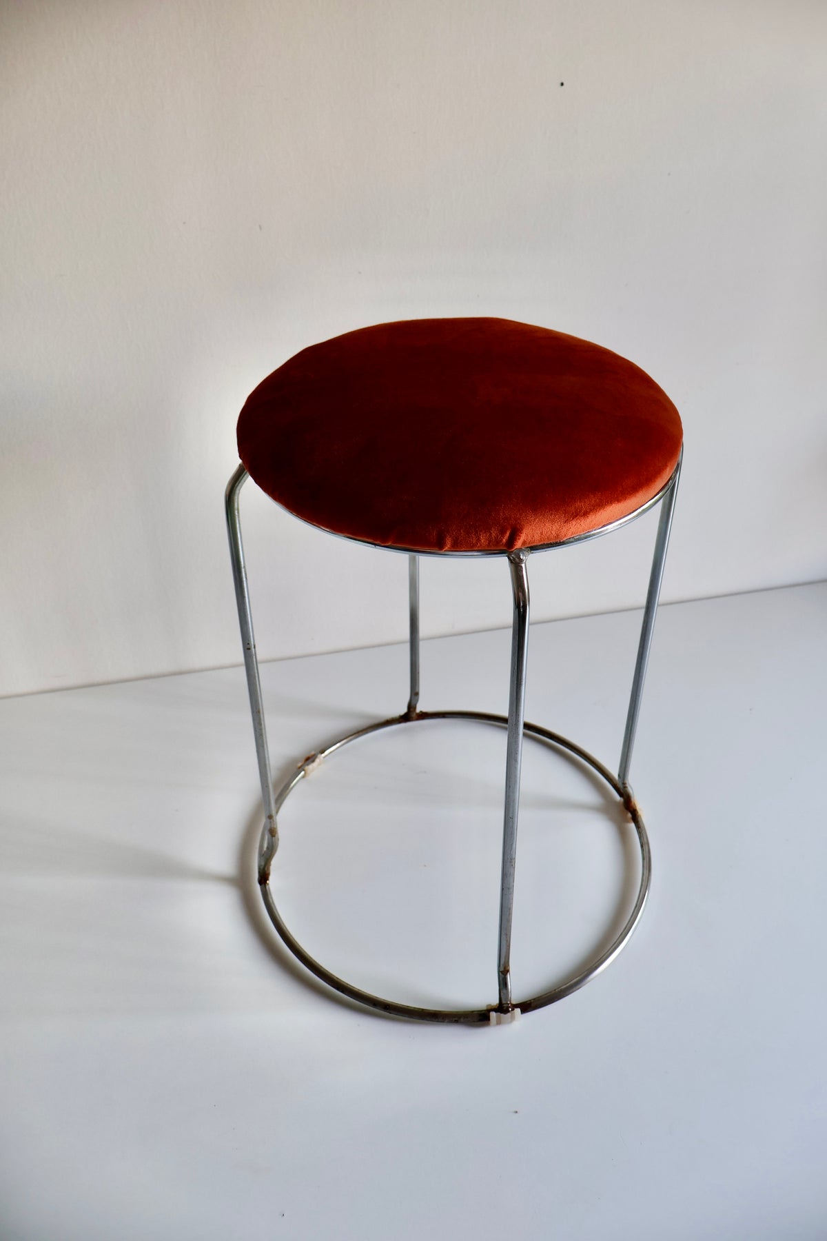 Vintage Chrome & Rust Velvet Stool