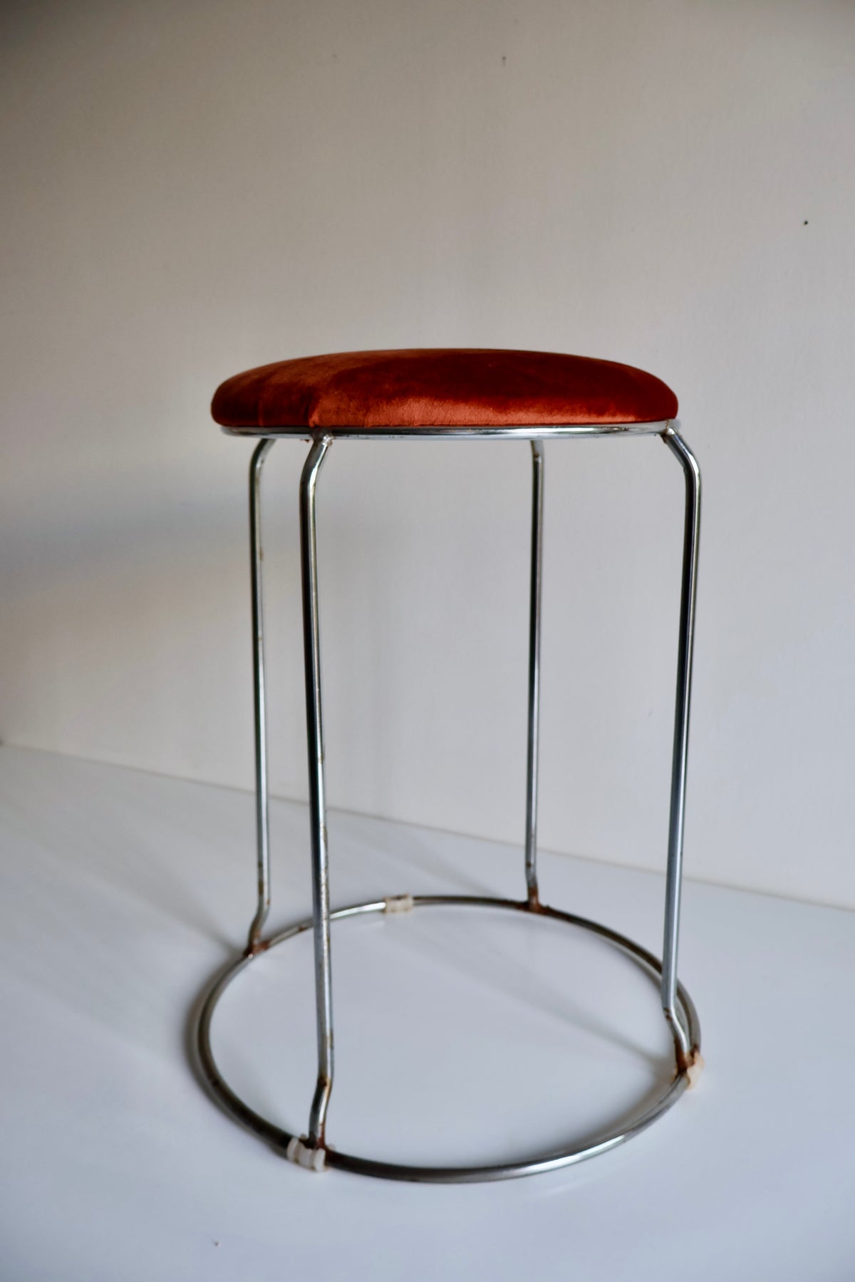 Vintage Chrome & Rust Velvet Stool