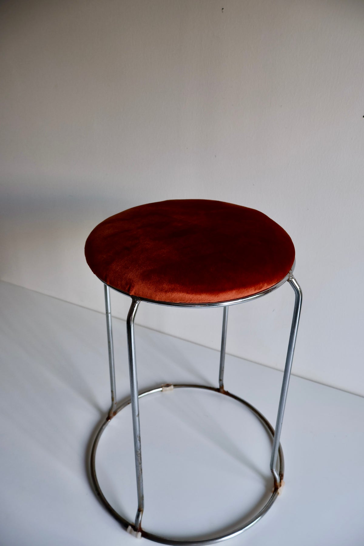 Vintage Chrome & Rust Velvet Stool