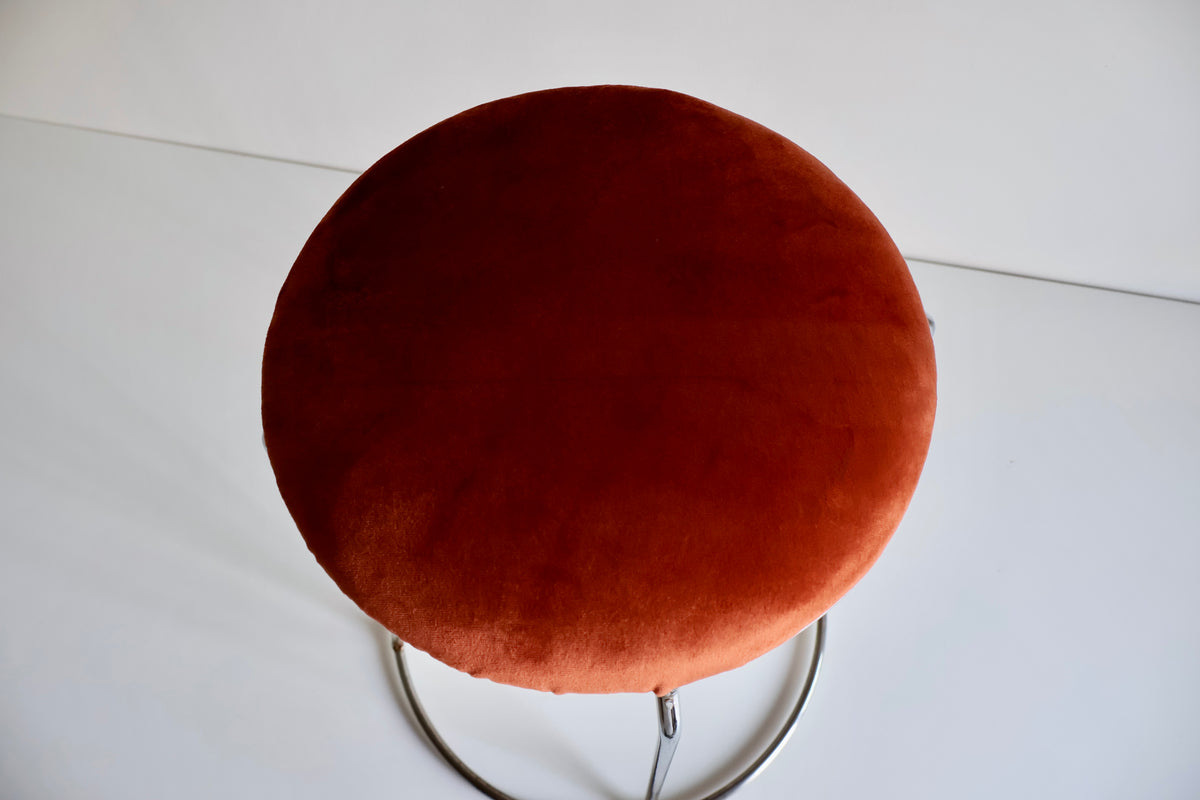 Vintage Chrome & Rust Velvet Stool