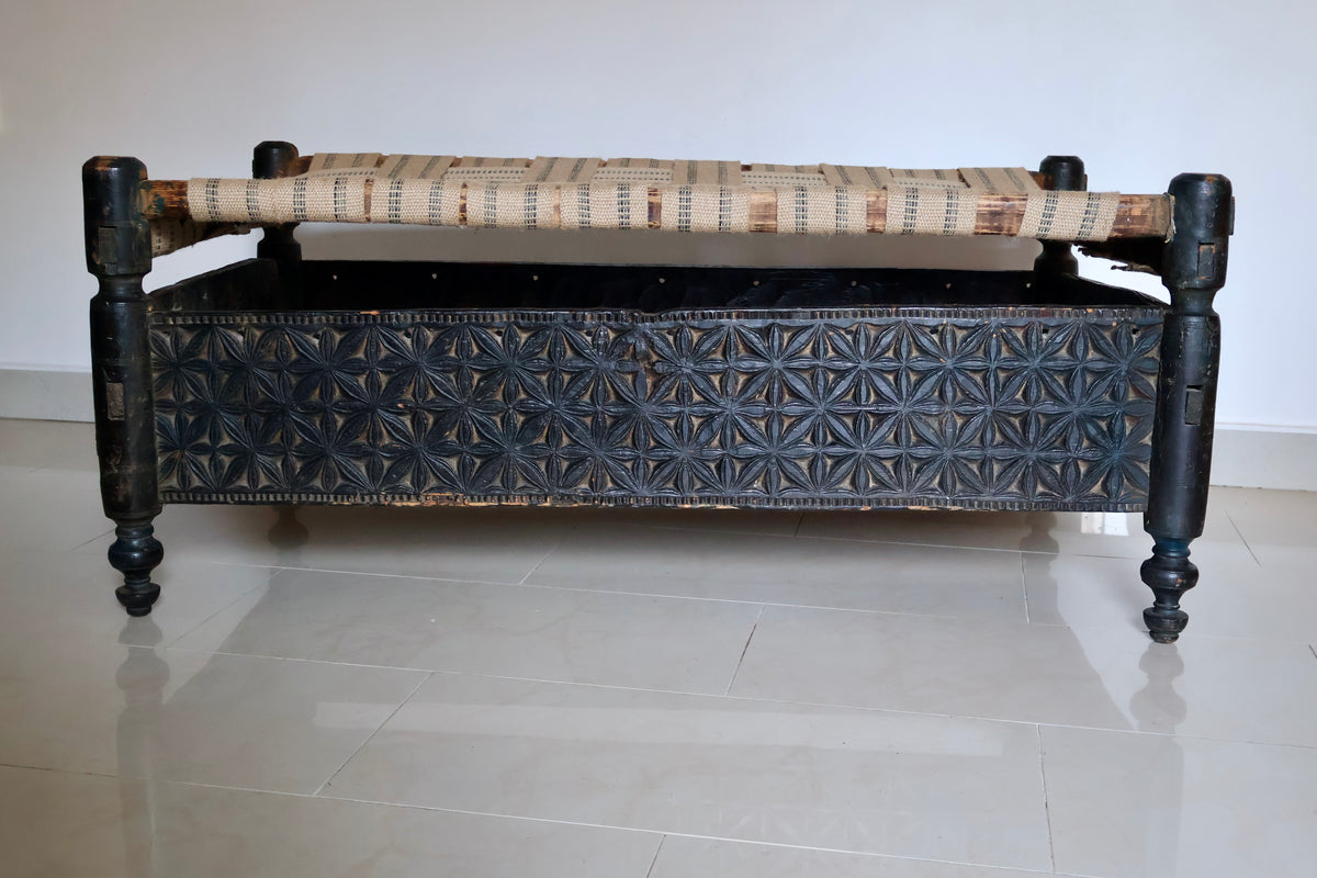 Traditional Hand-Carved Swat Valley Charpai Bench
