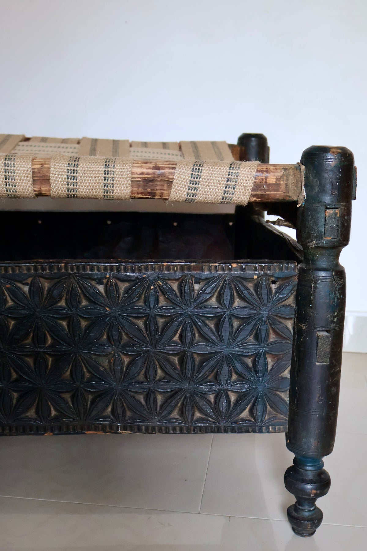 Traditional Hand-Carved Swat Valley Charpai Bench