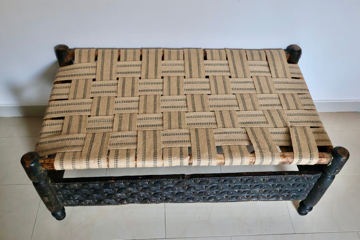 Traditional Hand-Carved Swat Valley Charpai Bench