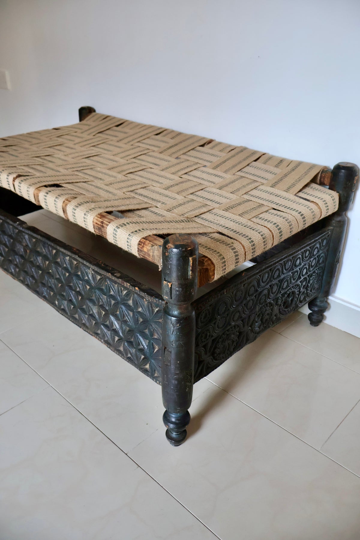 Traditional Hand-Carved Swat Valley Charpai Bench