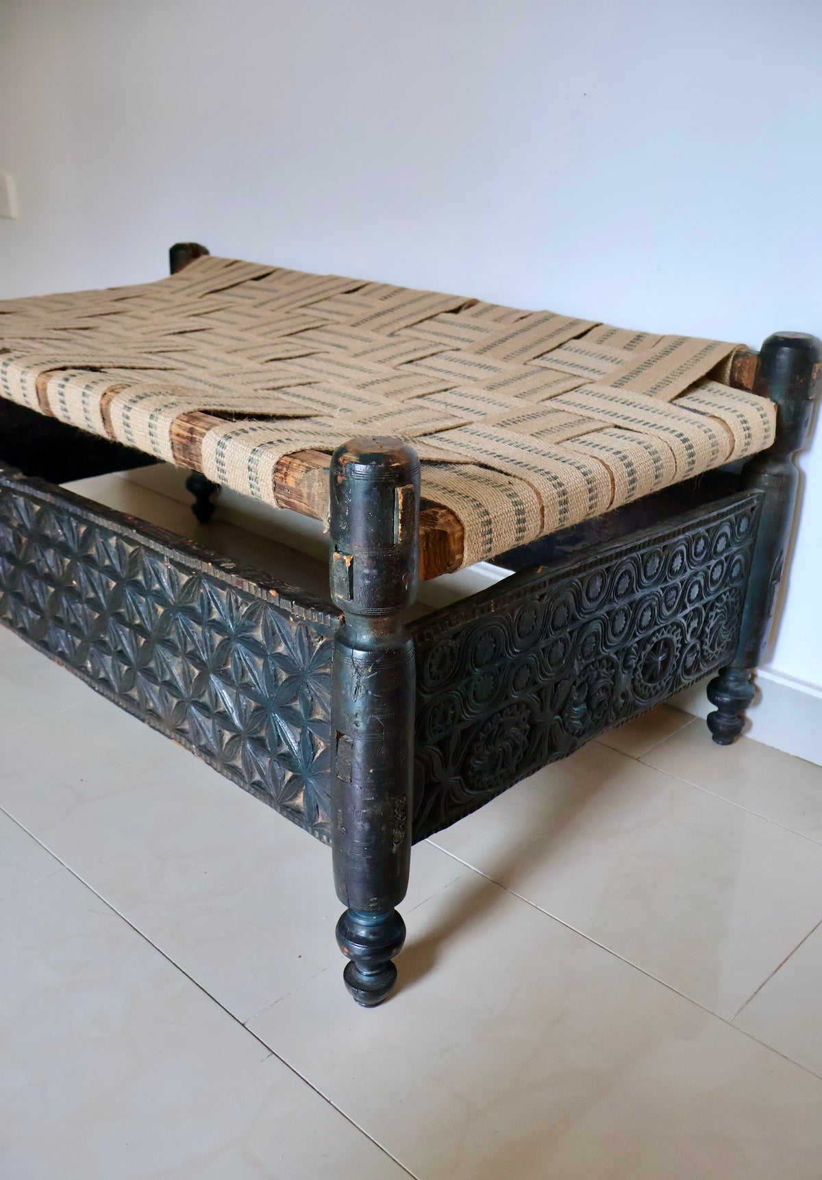 Traditional Hand-Carved Swat Valley Charpai Bench