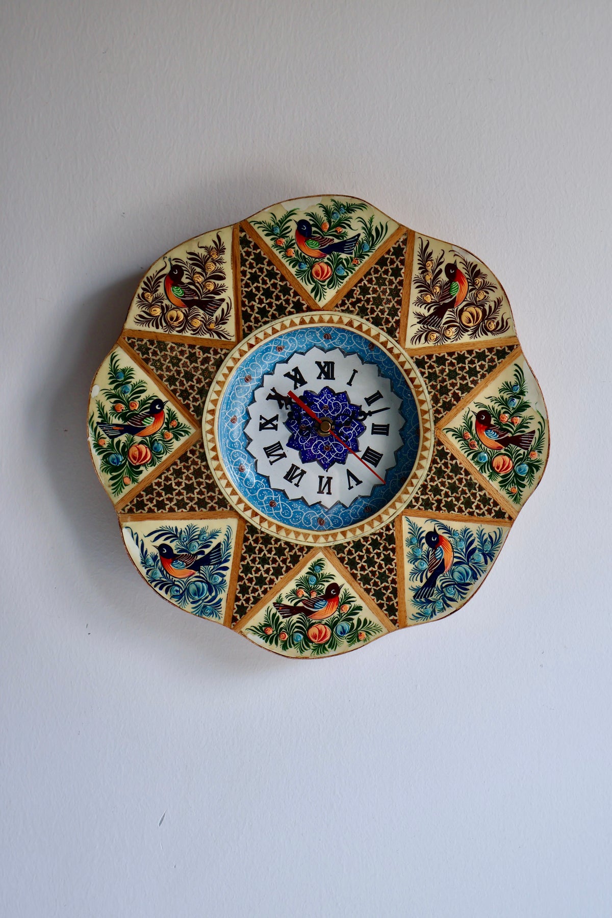 Vintage Persian Khatamkari Wall Clock with Hand-Painted Birds