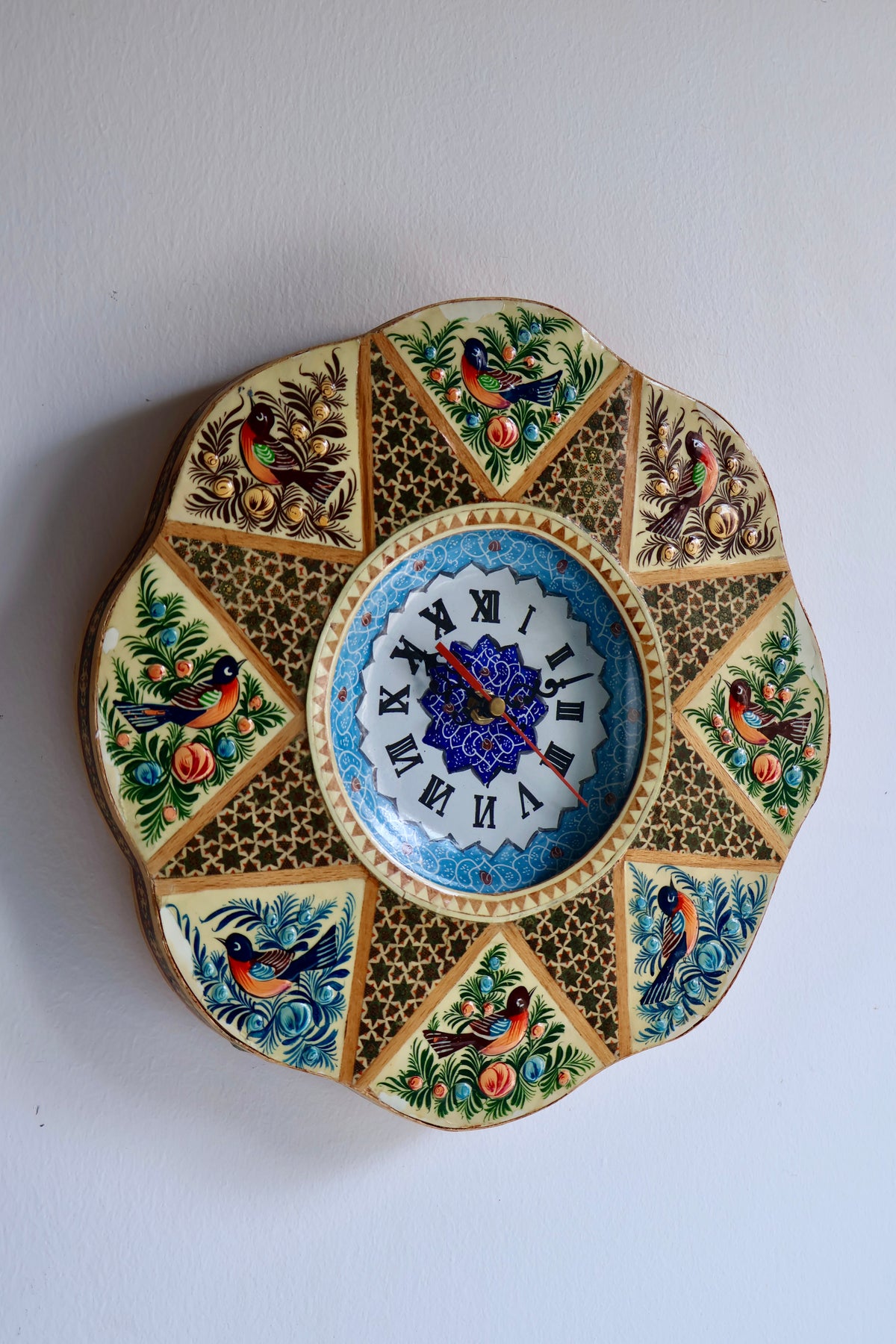 Vintage Persian Khatamkari Wall Clock with Hand-Painted Birds