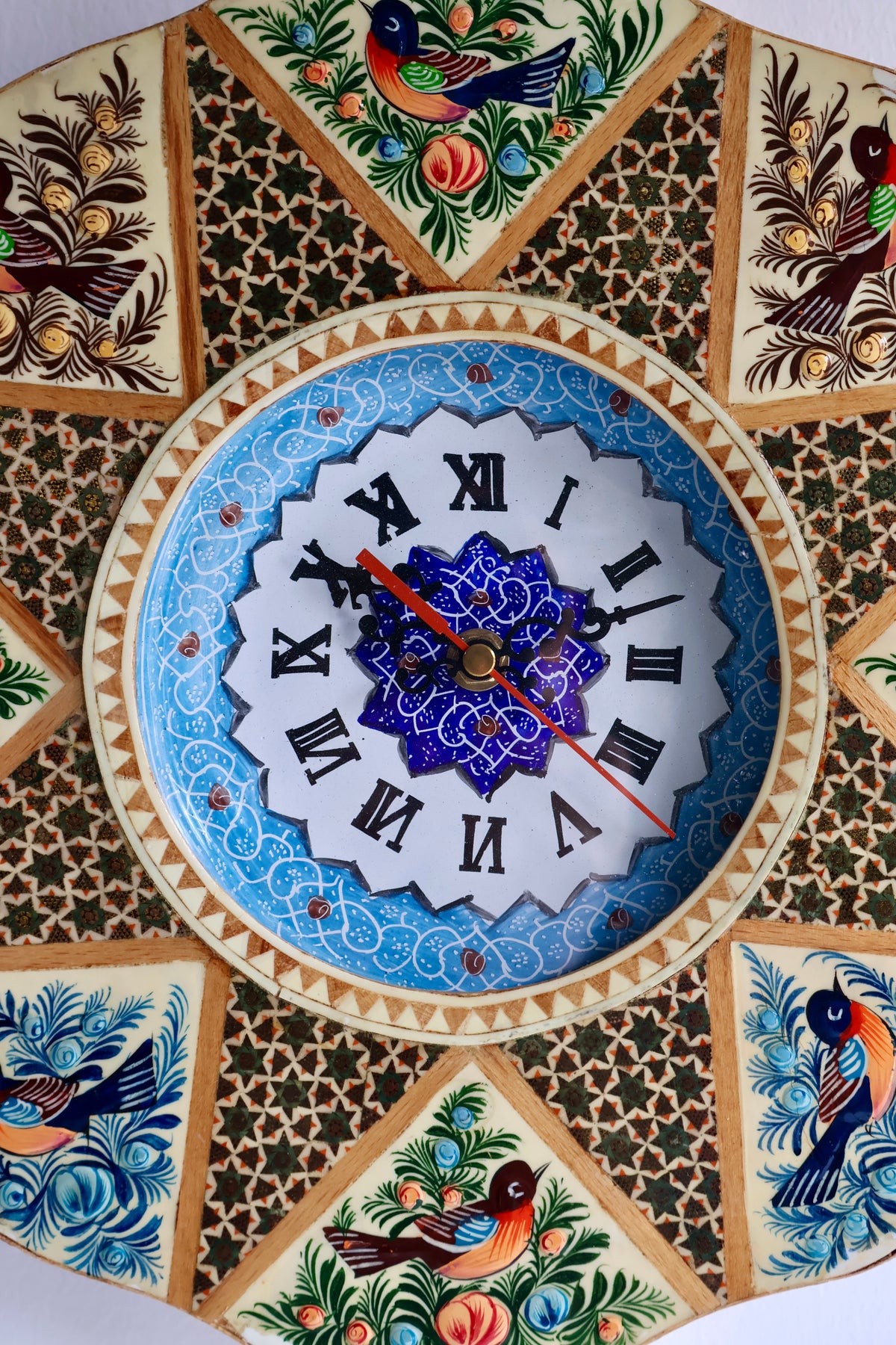 Vintage Persian Khatamkari Wall Clock with Hand-Painted Birds