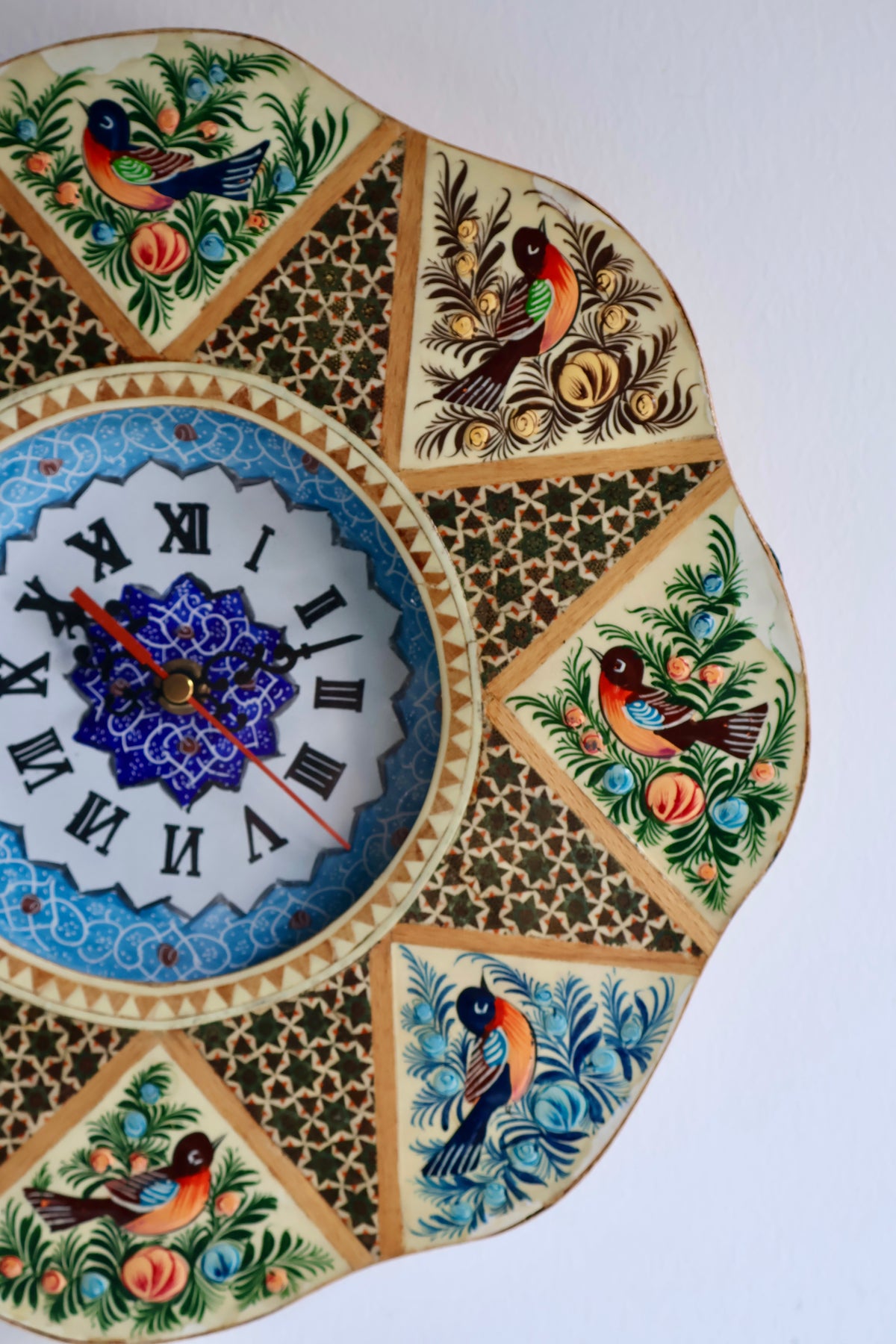 Vintage Persian Khatamkari Wall Clock with Hand-Painted Birds