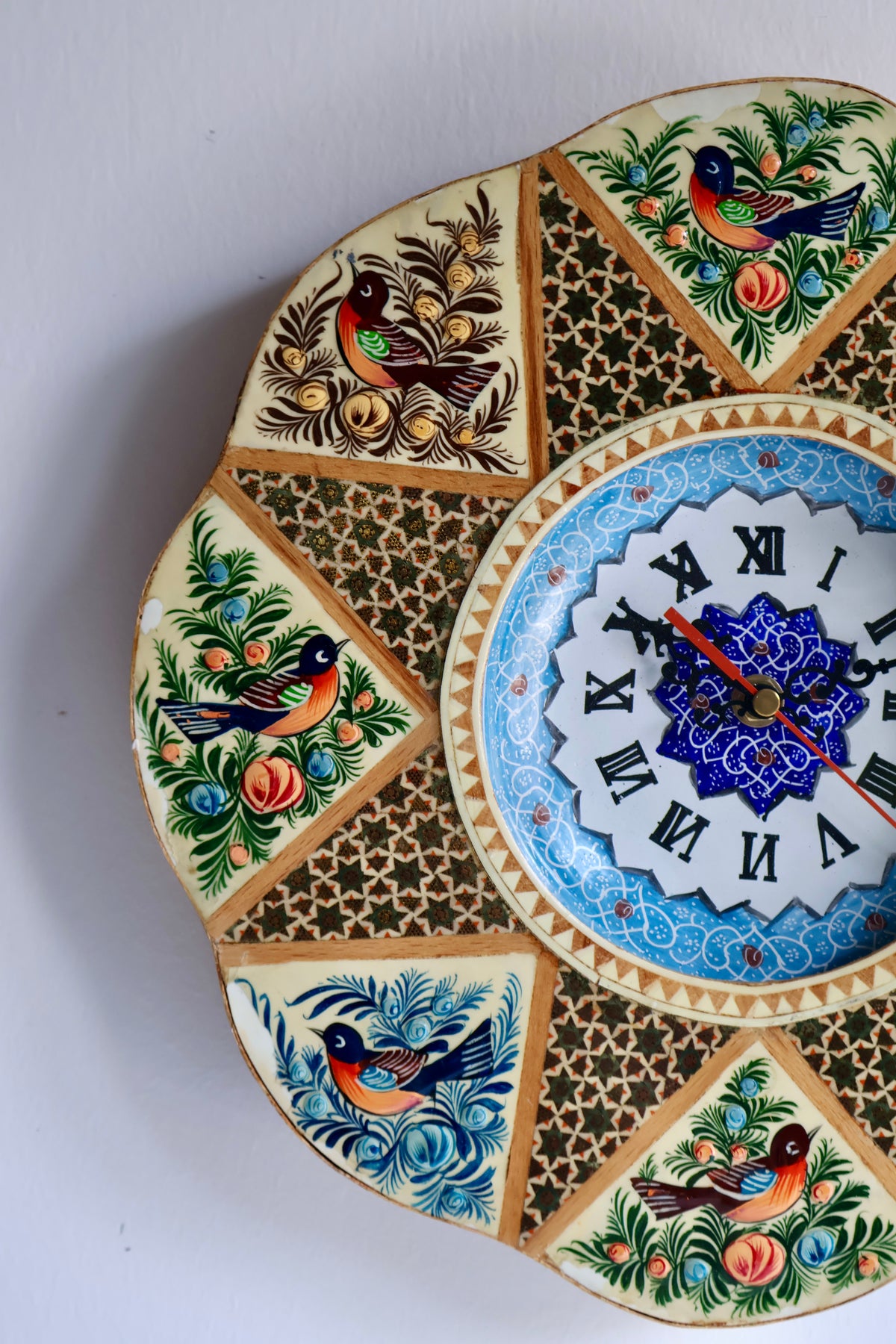 Vintage Persian Khatamkari Wall Clock with Hand-Painted Birds