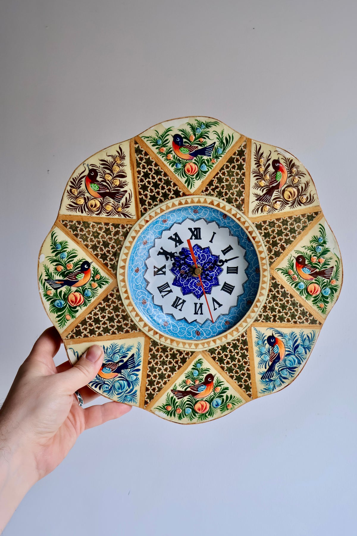 Vintage Persian Khatamkari Wall Clock with Hand-Painted Birds