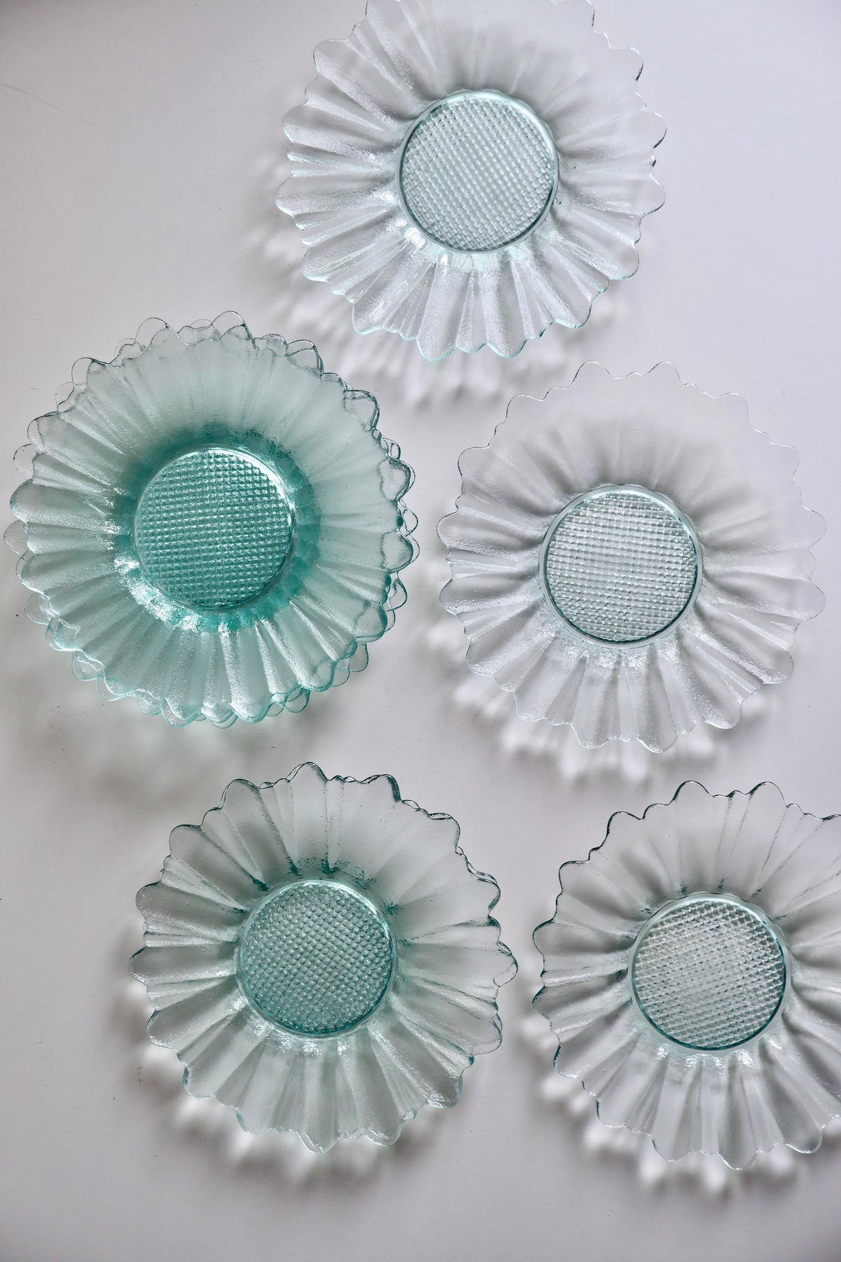 Vintage Aqua Glass Flower-Shaped Salad Plates – Matching Set