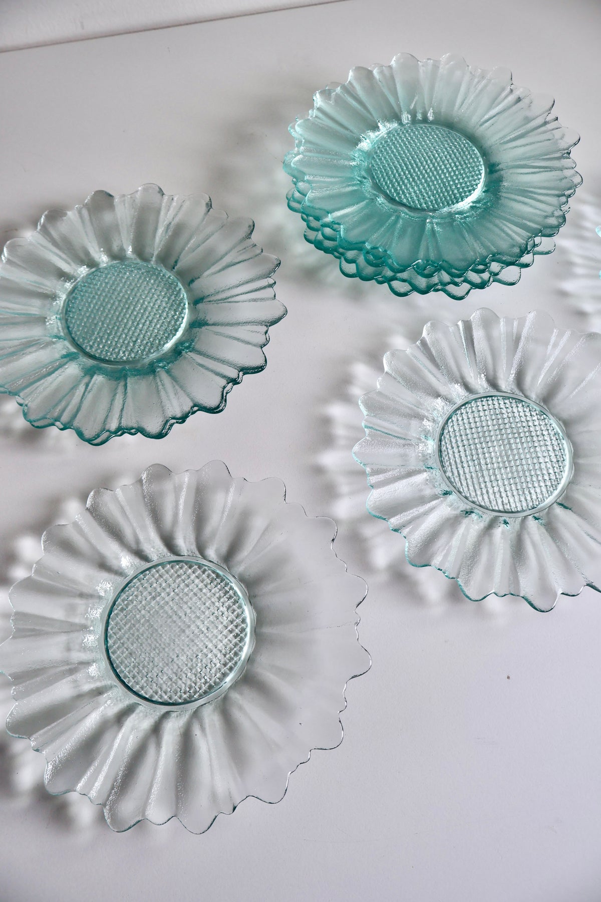 Vintage Aqua Glass Flower-Shaped Salad Plates – Matching Set