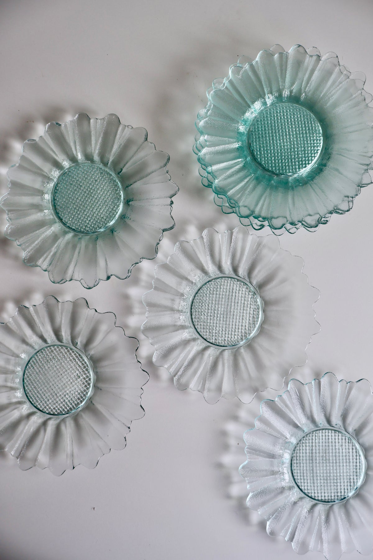 Vintage Aqua Glass Flower-Shaped Salad Plates – Matching Set