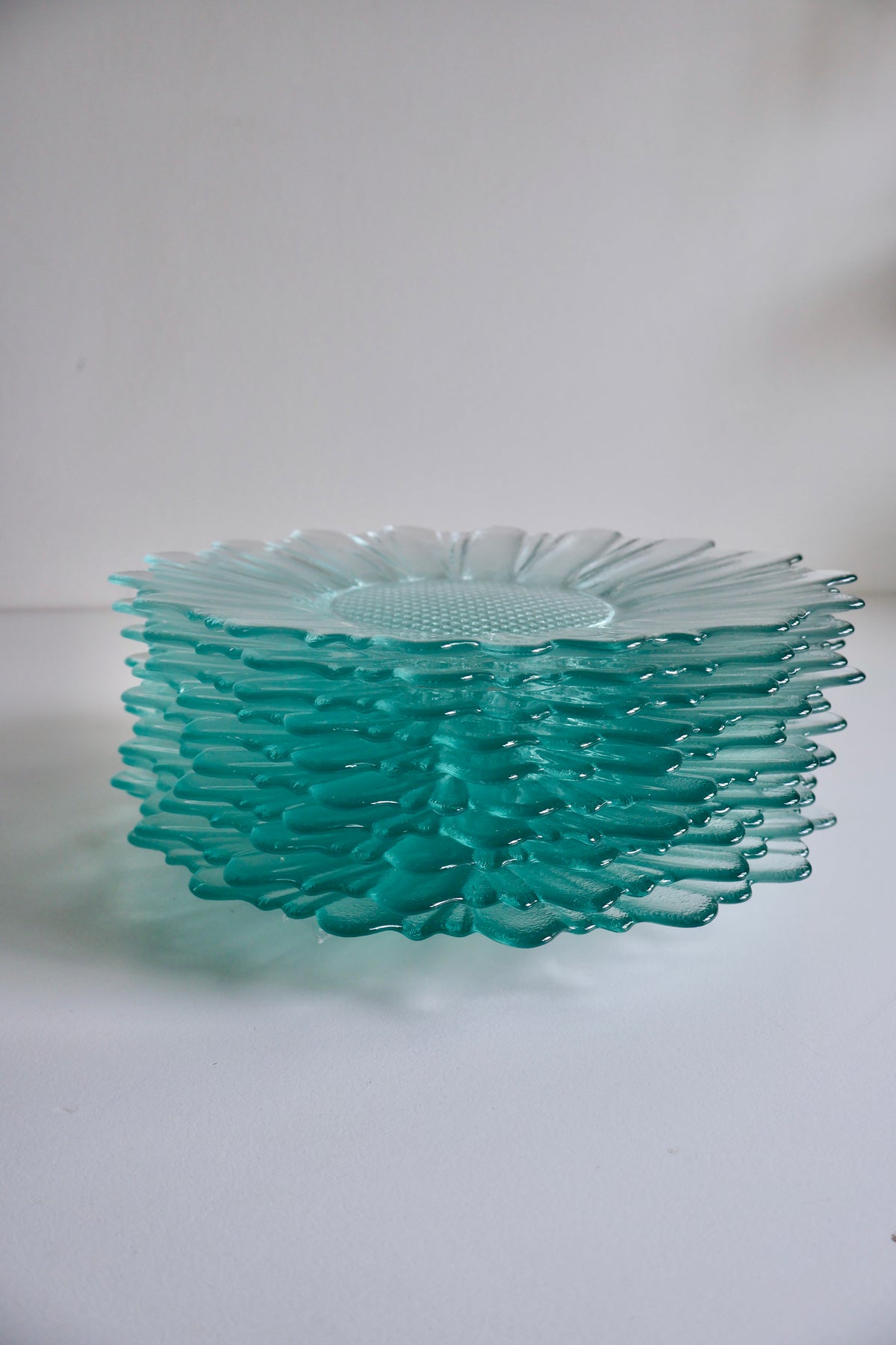 Vintage Aqua Glass Flower-Shaped Salad Plates – Matching Set
