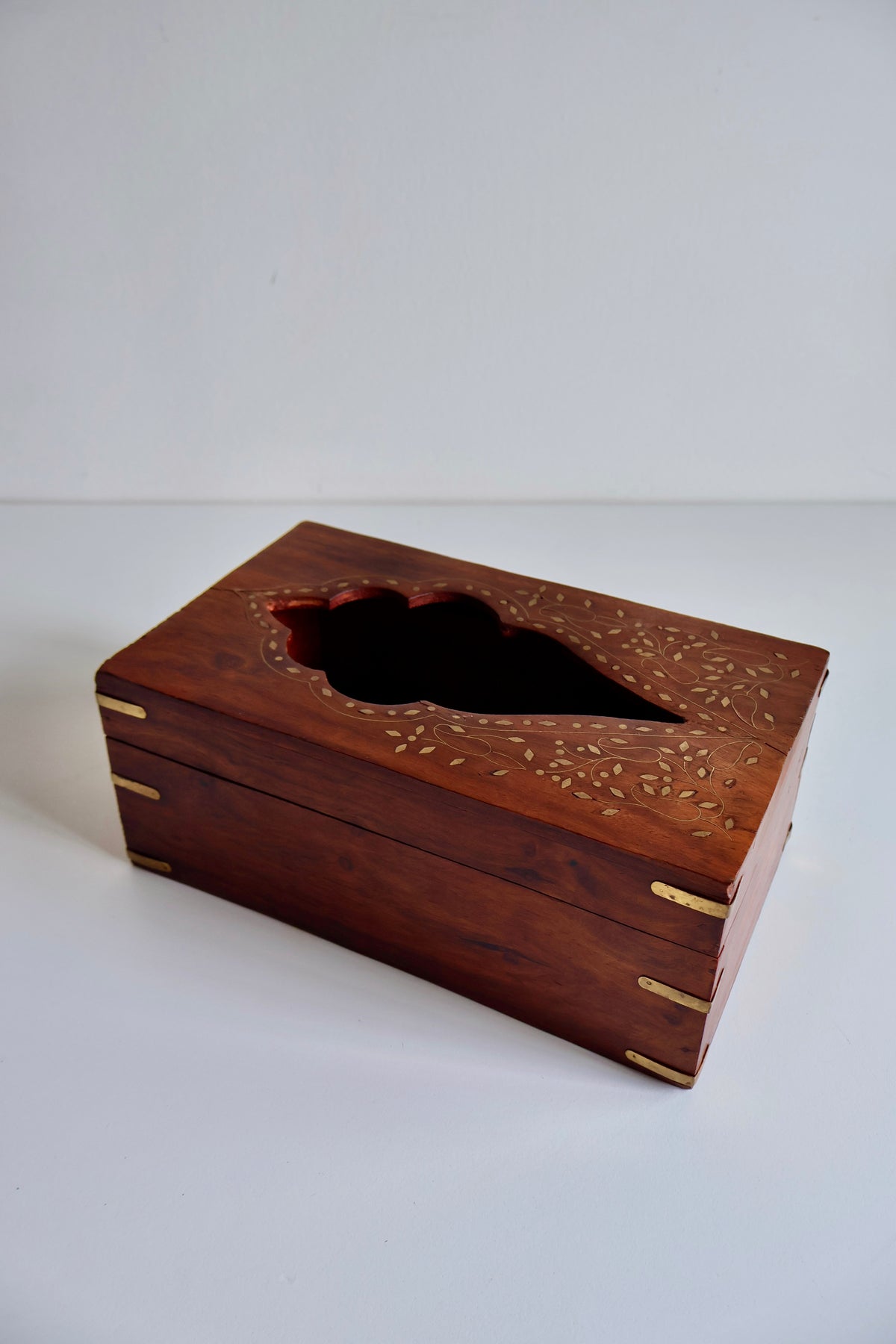 Vintage Rosewood Tissue Box with Brass Inlay