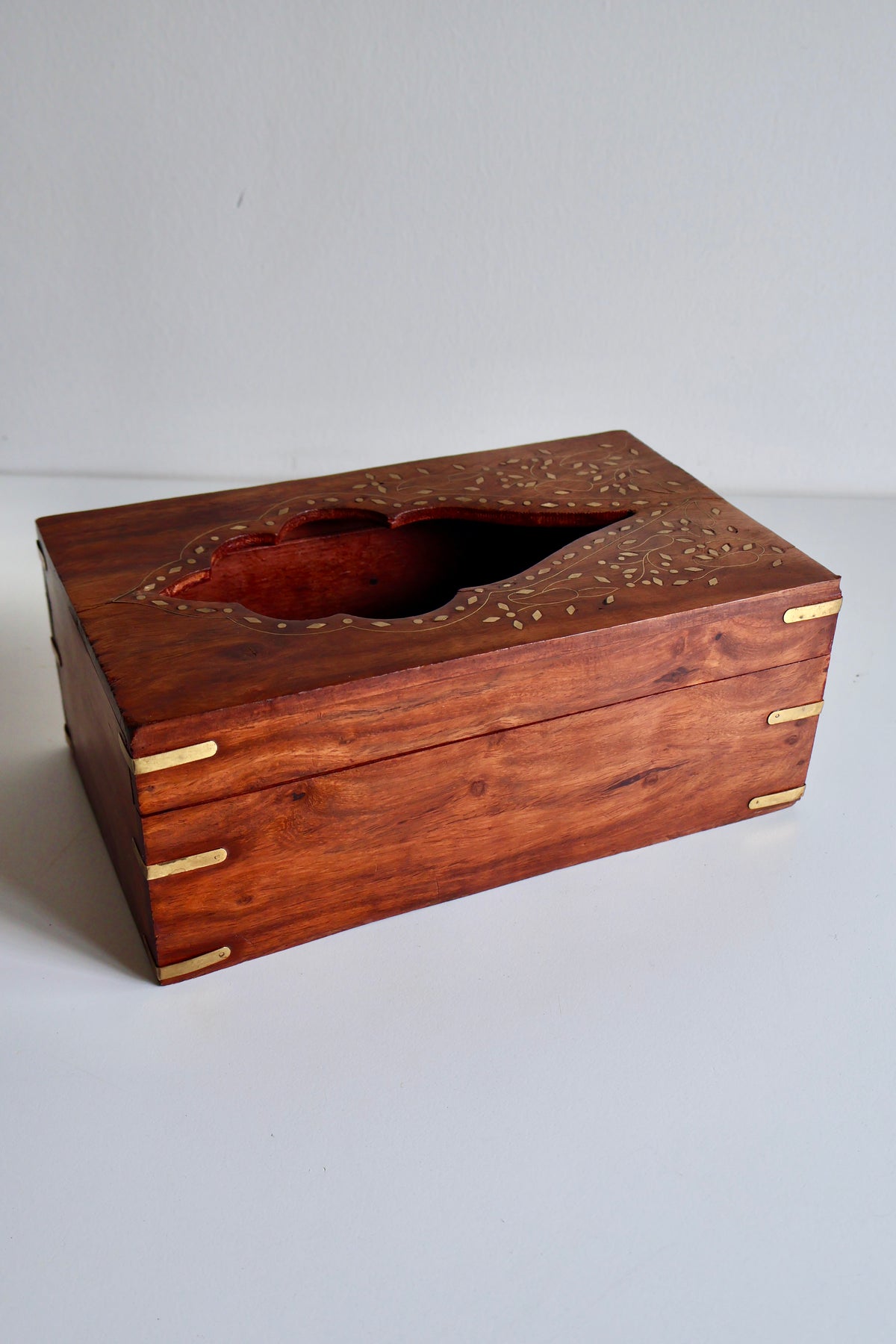 Vintage Rosewood Tissue Box with Brass Inlay