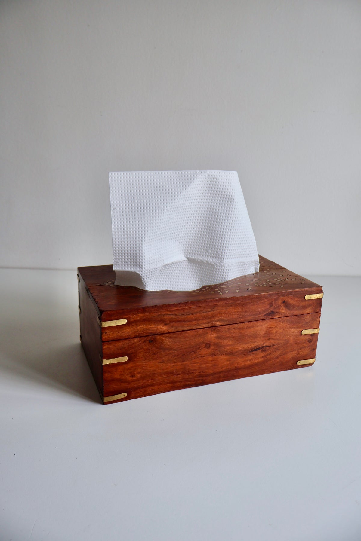 Vintage Rosewood Tissue Box with Brass Inlay