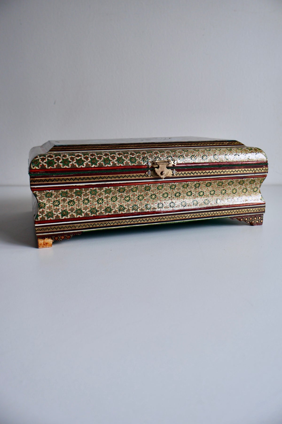 Vintage Persian Khatam Kari Jewelry Box with Painted Lid