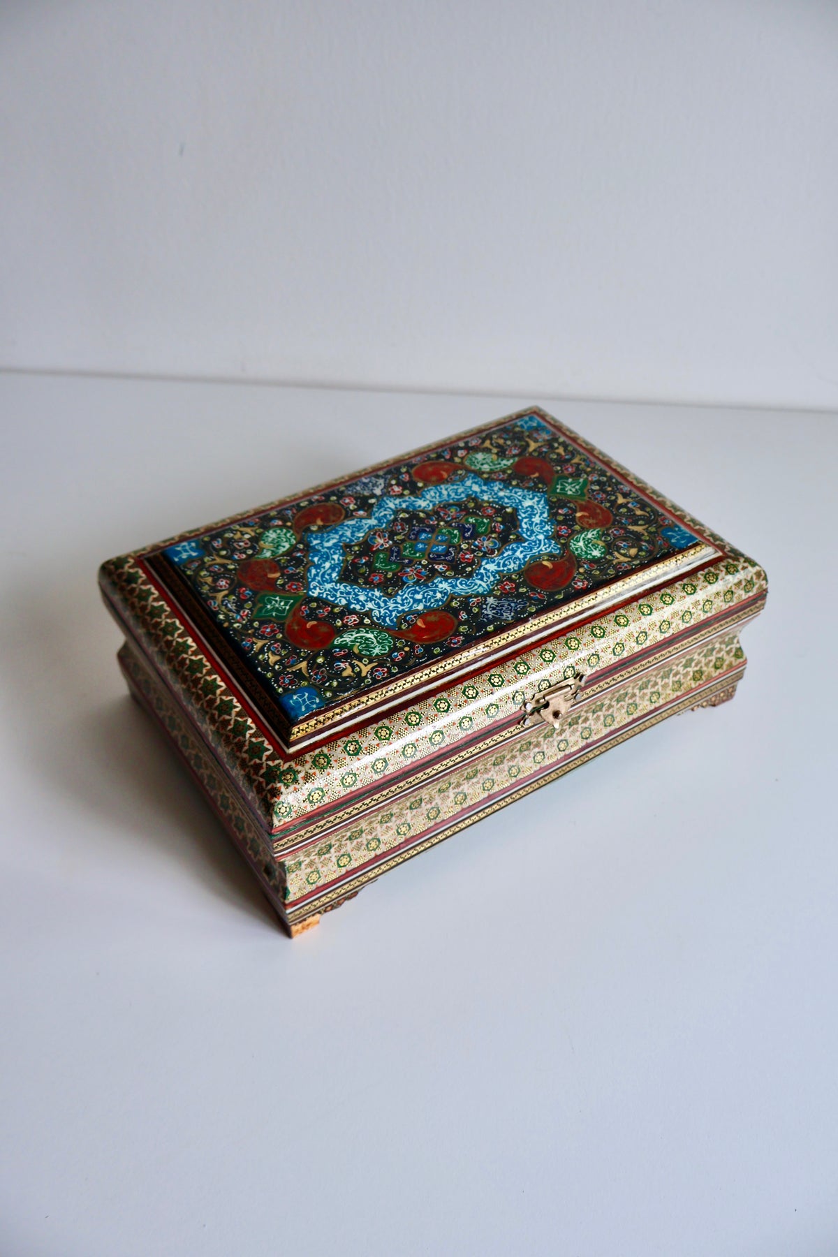 Vintage Persian Khatam Kari Jewelry Box with Painted Lid
