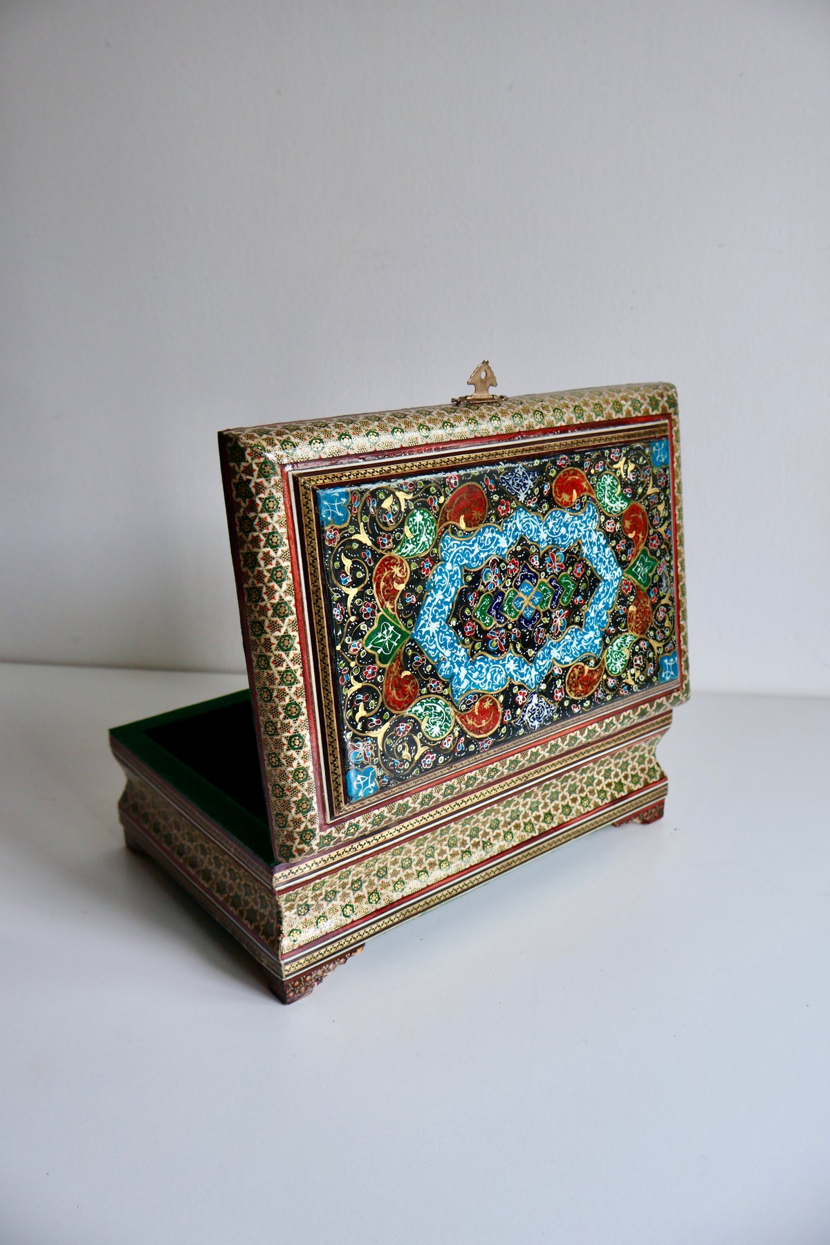 Vintage Persian Khatam Kari Jewelry Box with Painted Lid