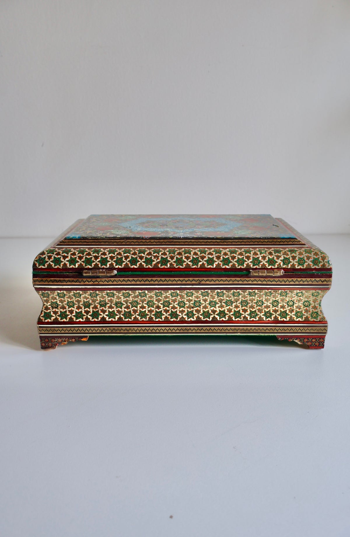 Vintage Persian Khatam Kari Jewelry Box with Painted Lid