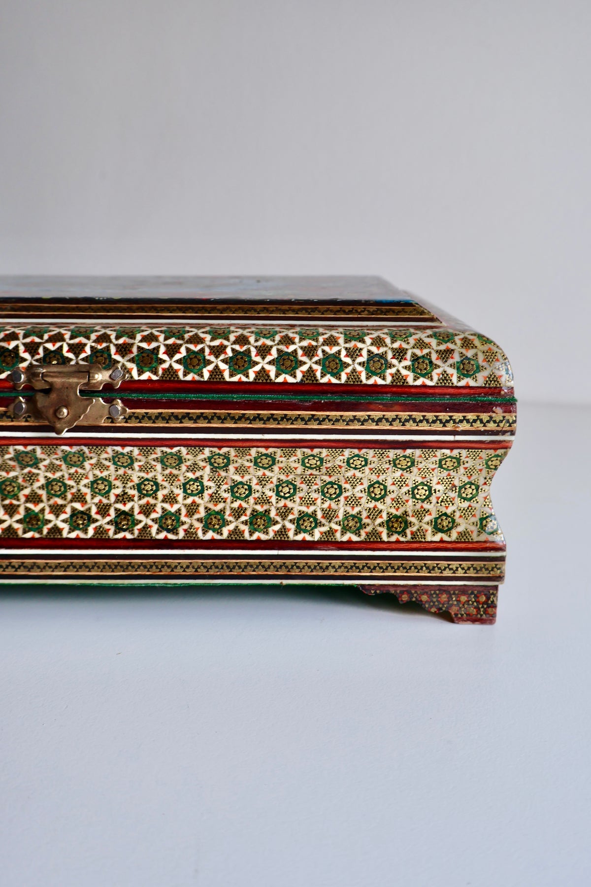 Vintage Persian Khatam Kari Jewelry Box with Painted Lid