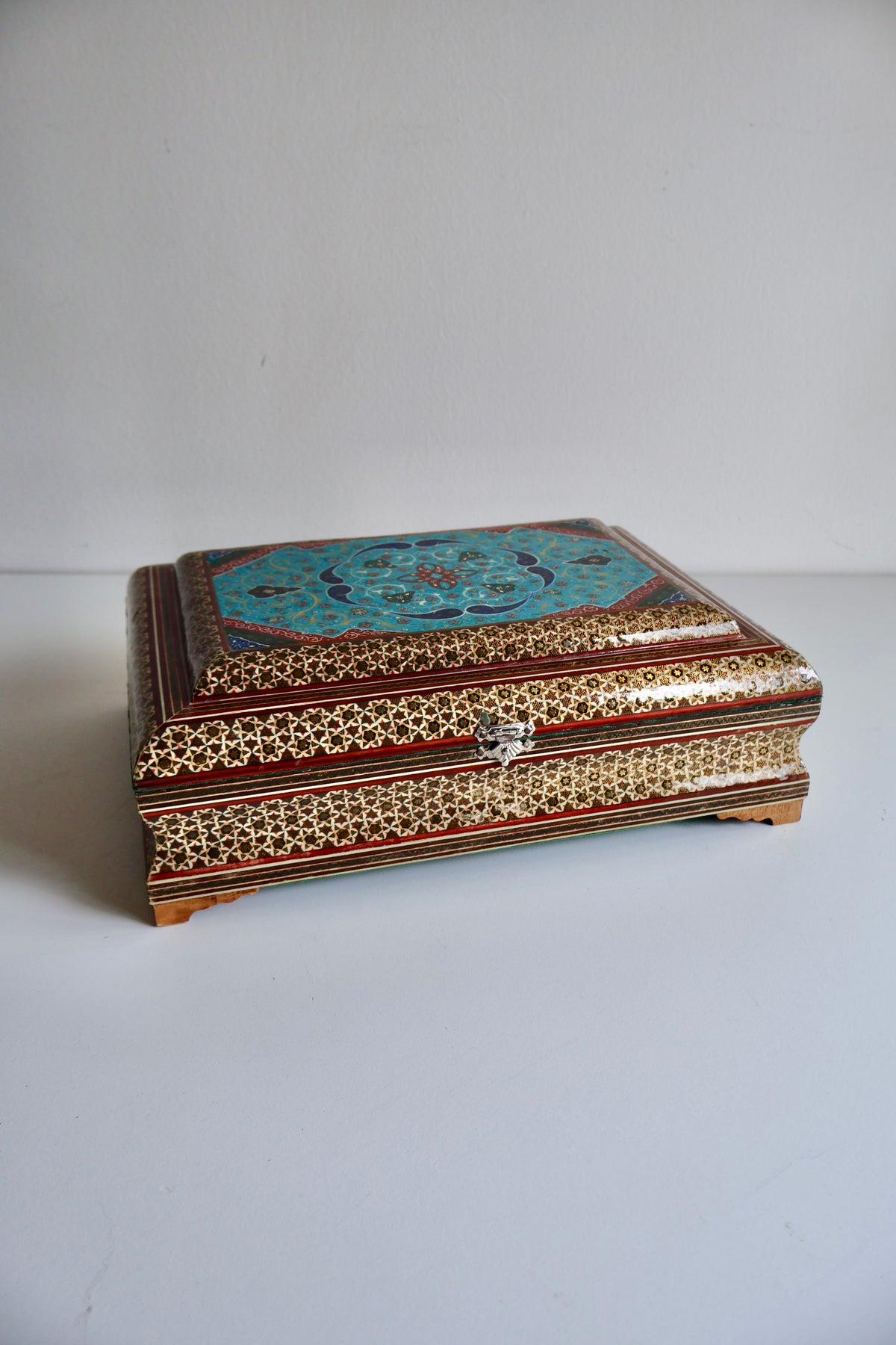 Vintage Persian Khatam Kari Jewelry Box with Turquoise Painted Lid – Large