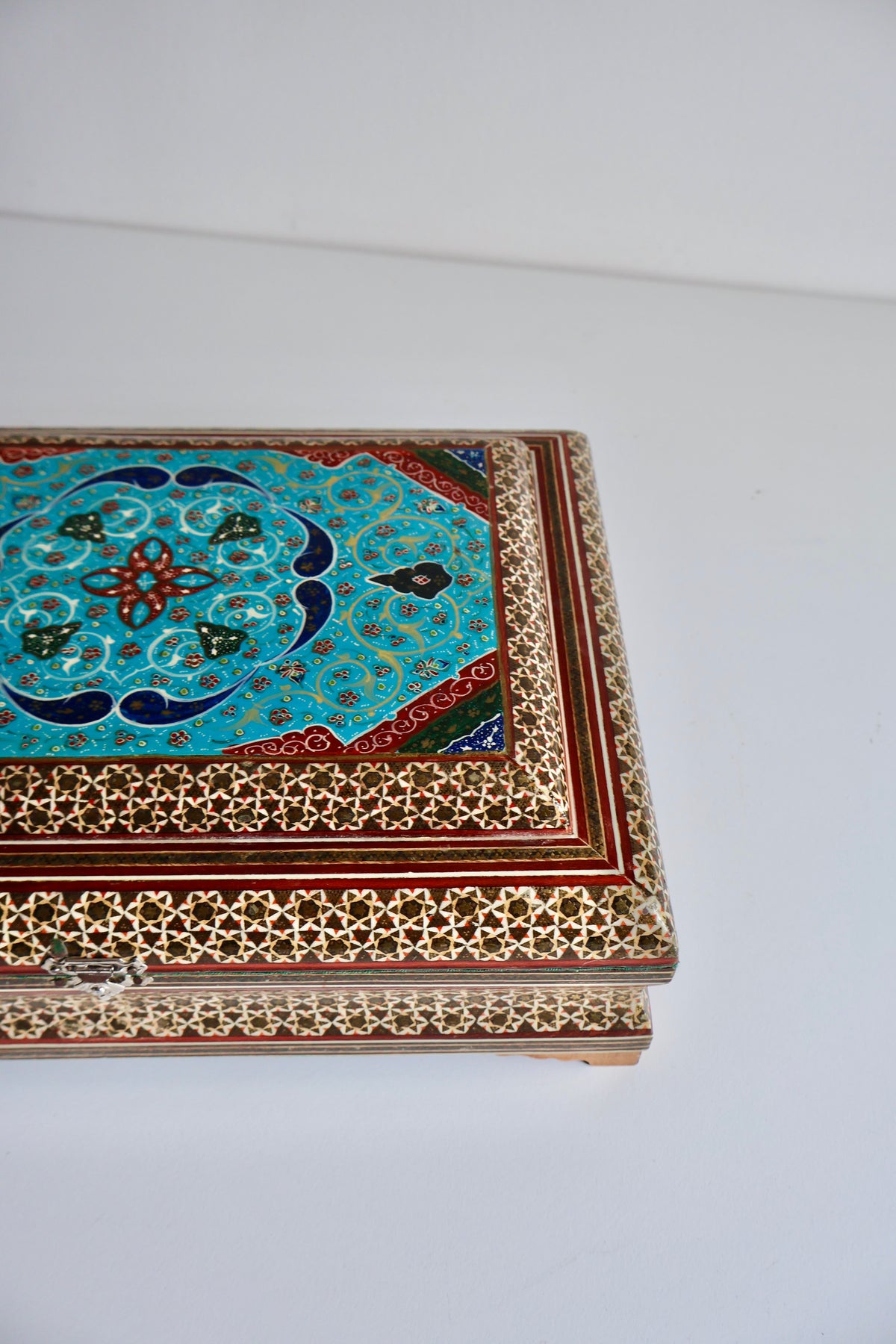 Vintage Persian Khatam Kari Jewelry Box with Turquoise Painted Lid – Large