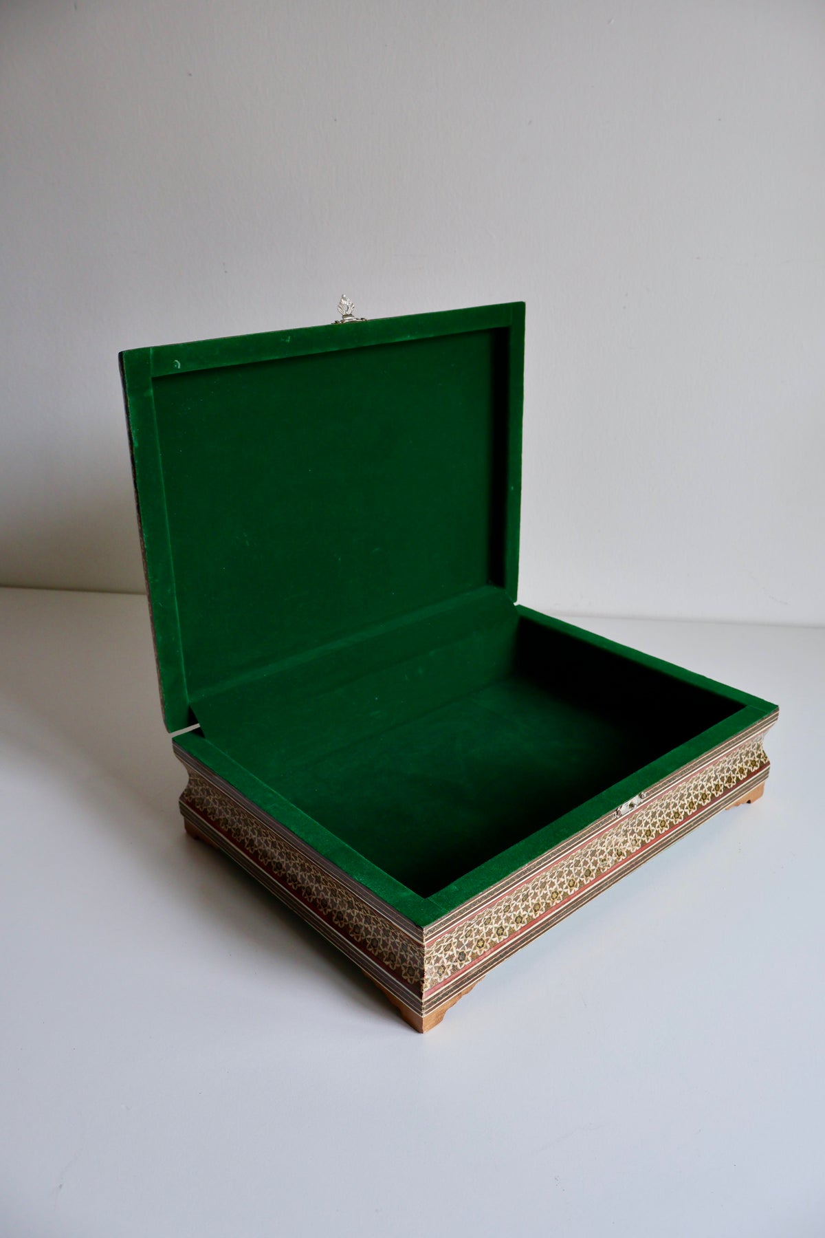 Vintage Persian Khatam Kari Jewelry Box with Turquoise Painted Lid – Large