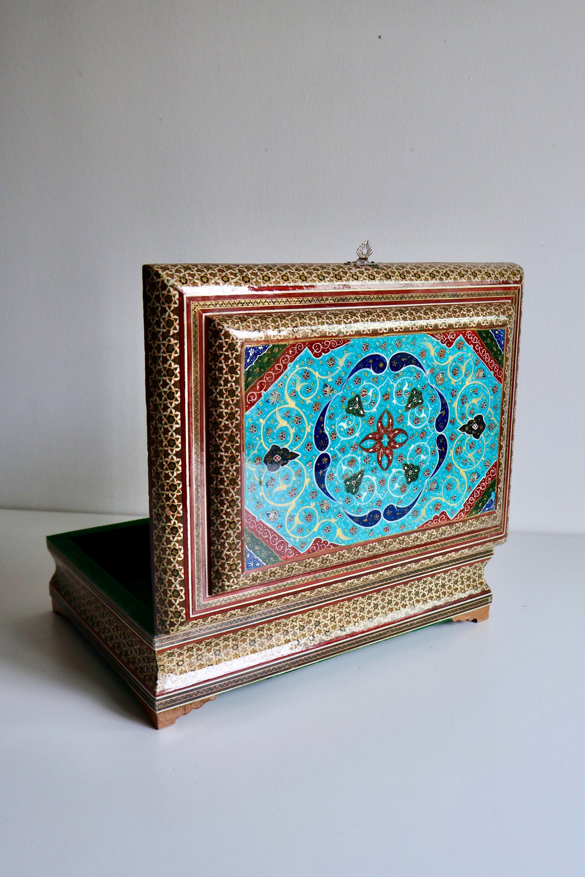 Vintage Persian Khatam Kari Jewelry Box with Turquoise Painted Lid – Large