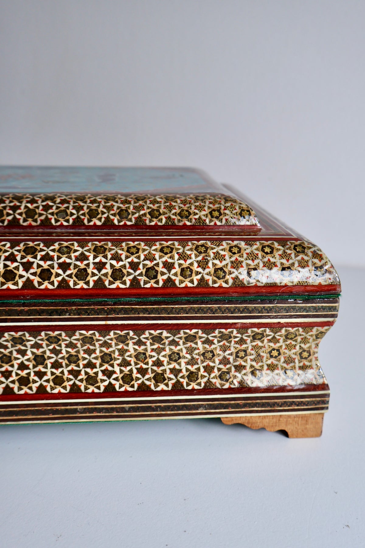 Vintage Persian Khatam Kari Jewelry Box with Turquoise Painted Lid – Large