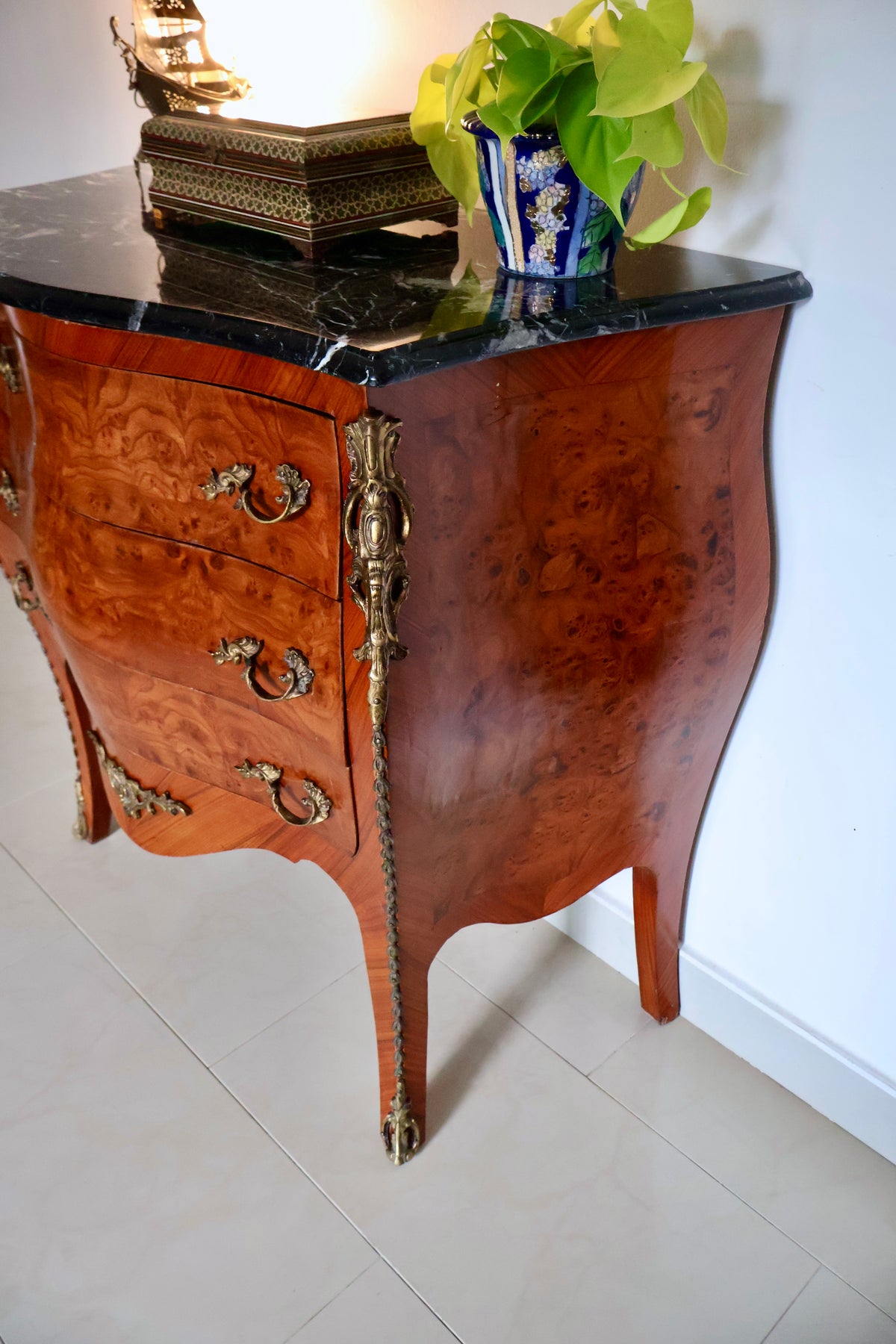 Vintage Louis XV–Style Bombé Chest of Drawers with Black Marble Top