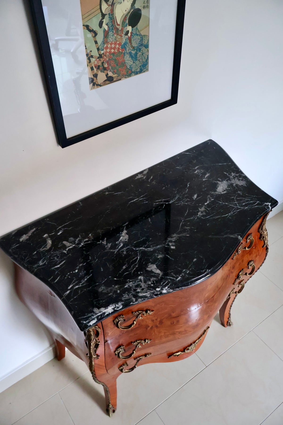 Vintage Louis XV–Style Bombé Chest of Drawers with Black Marble Top