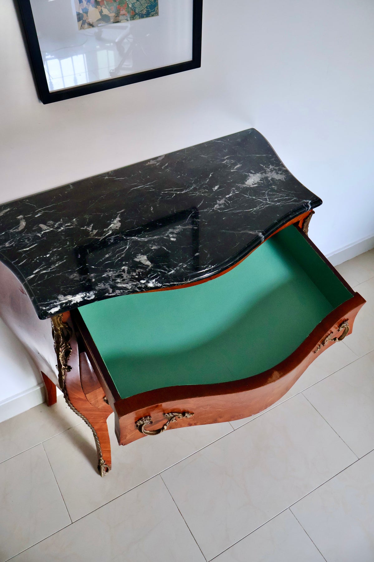 Vintage Louis XV–Style Bombé Chest of Drawers with Black Marble Top
