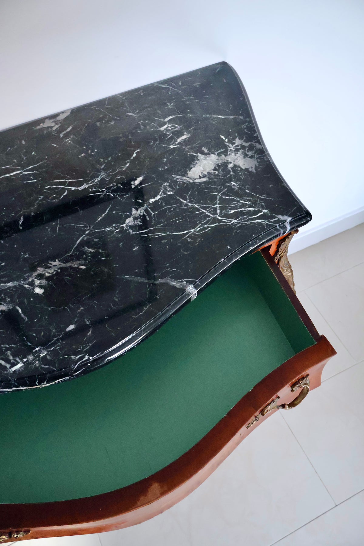 Vintage Louis XV–Style Bombé Chest of Drawers with Black Marble Top