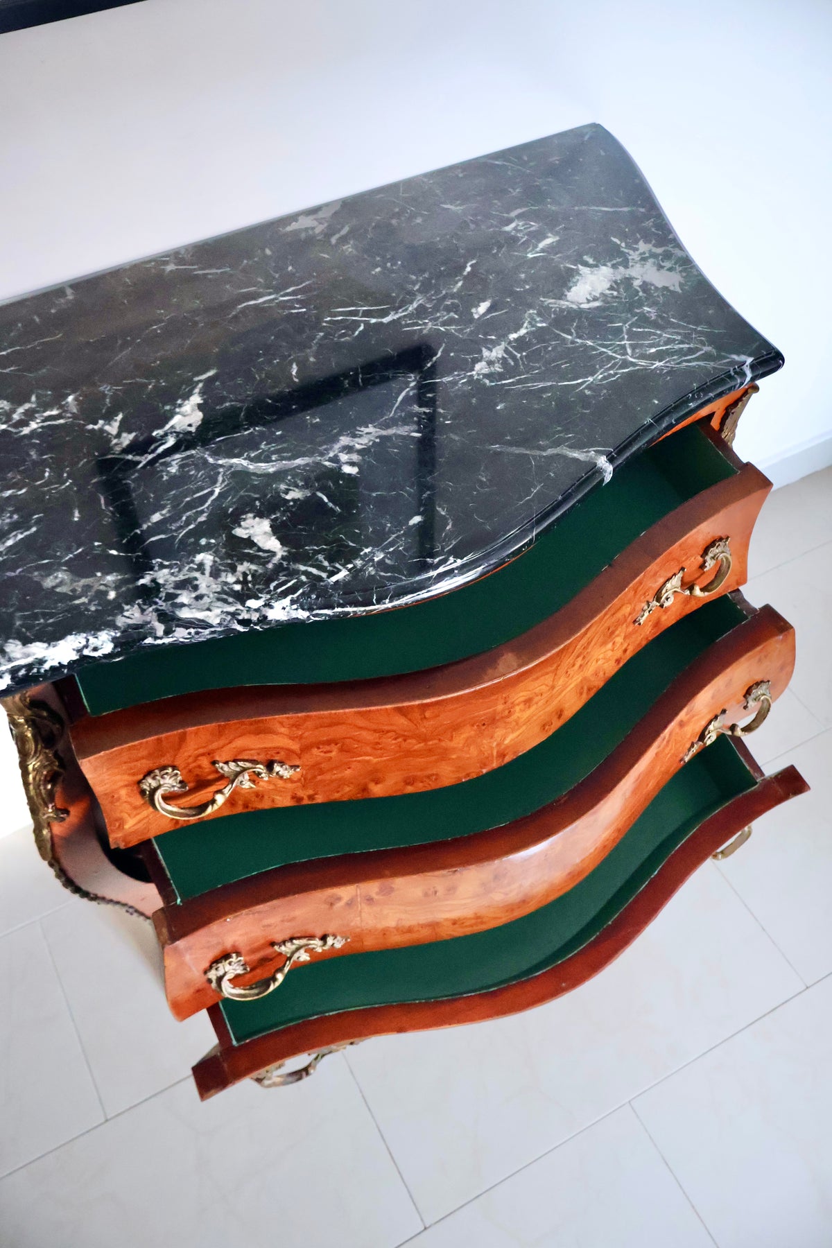 Vintage Louis XV–Style Bombé Chest of Drawers with Black Marble Top