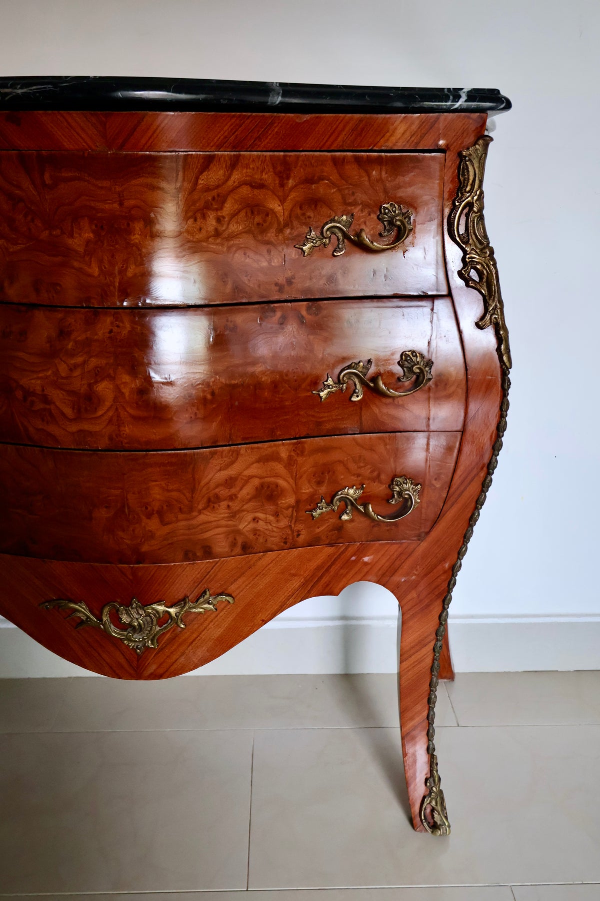 Vintage Louis XV–Style Bombé Chest of Drawers with Black Marble Top