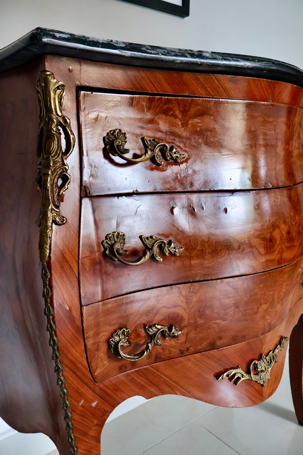 Vintage Louis XV–Style Bombé Chest of Drawers with Black Marble Top