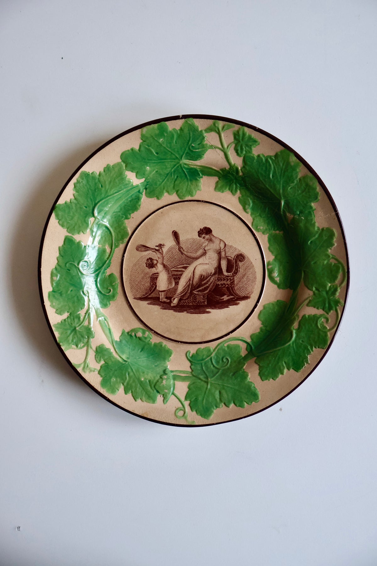 Antique English Regency Drabware Plate – Mother & Child, c. 1815